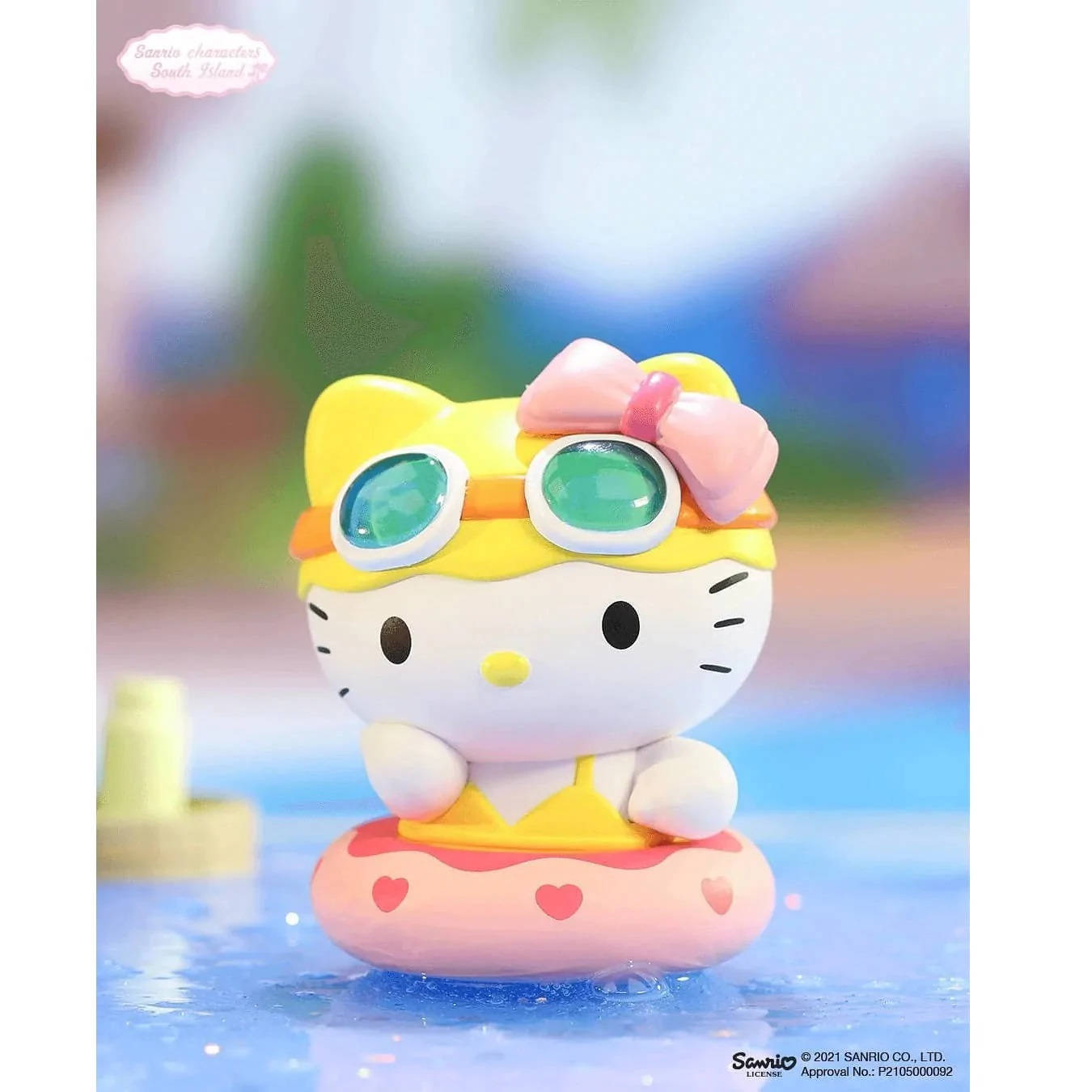 穿著泳裝的Hello Kitty漂浮在粉紅色心形浮床上。 — Hello kitty 美學 GIF 壁紙