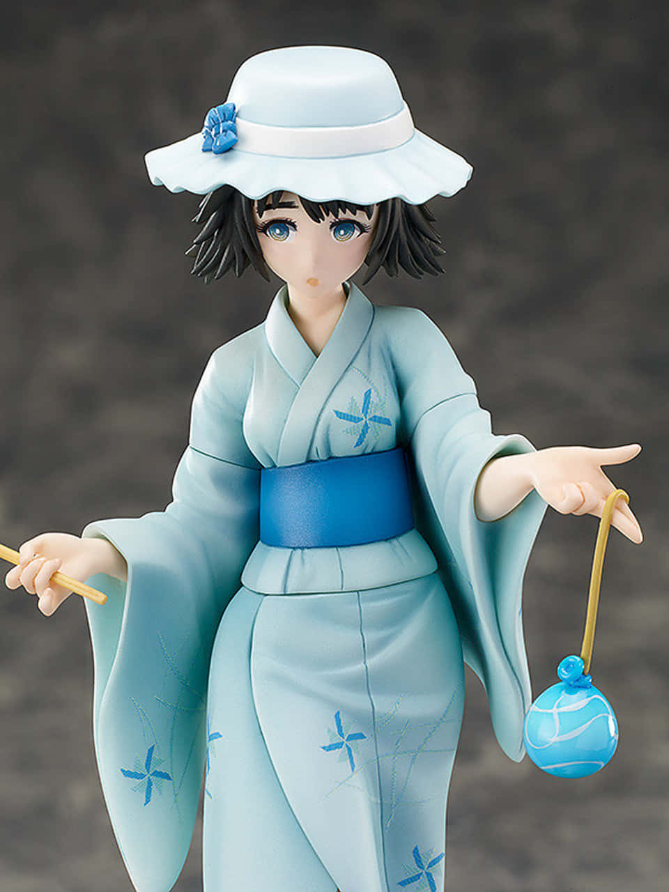 Mayuri Shiina 桌布 壁紙 — 穿著淺藍色星紋和服、手持藍色燈籠和筷子的動漫女孩公仔。