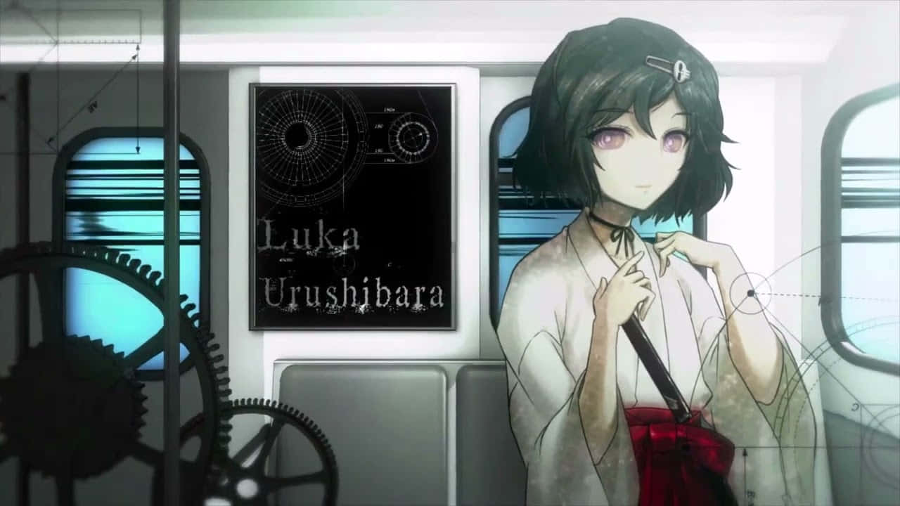 Luka Urushibara 桌布 壁紙 — 穿著白色和服配紅色腰帶的動漫女孩站在有機械齒輪和藍圖海報的火車車廂裡。