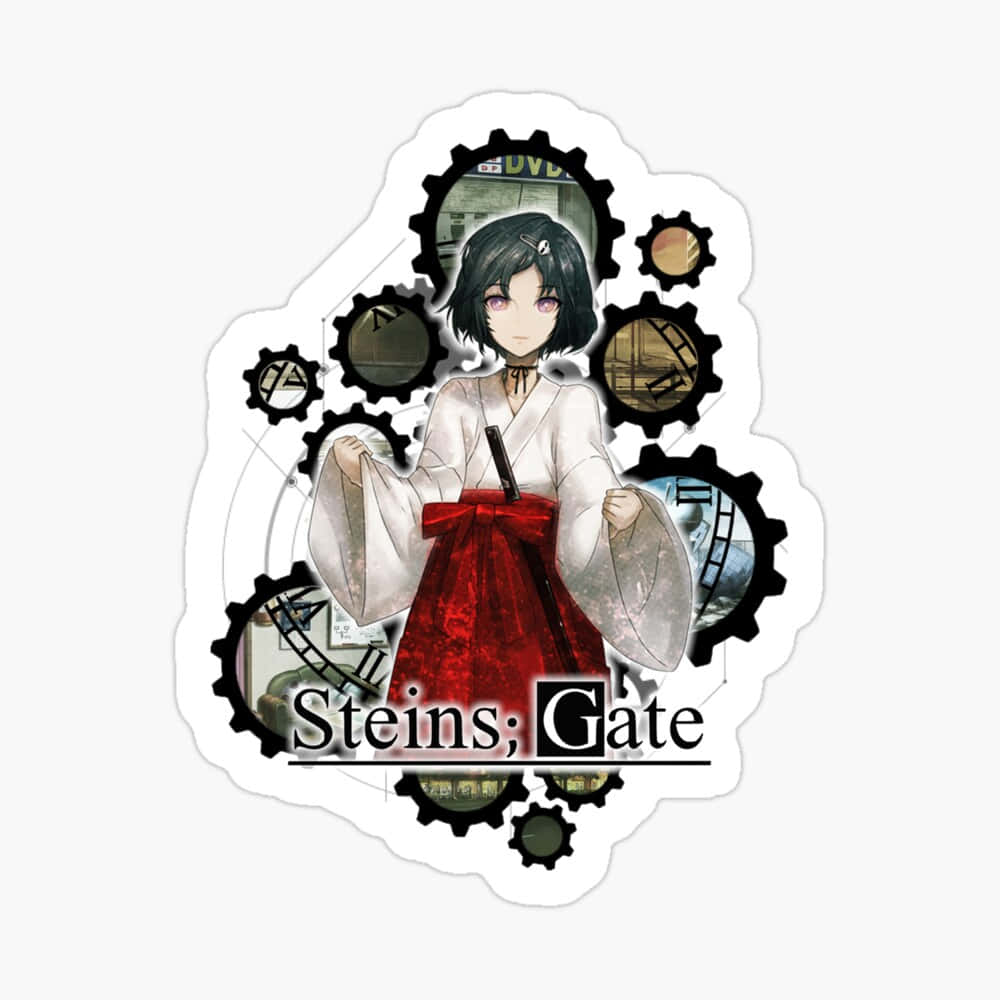 Luka Urushibara 桌布 壁紙 — 穿著白色和服配紅色腰帶的動漫女孩站在帶有電影場景的黑色齒輪中，標題為 Steins;Gate。