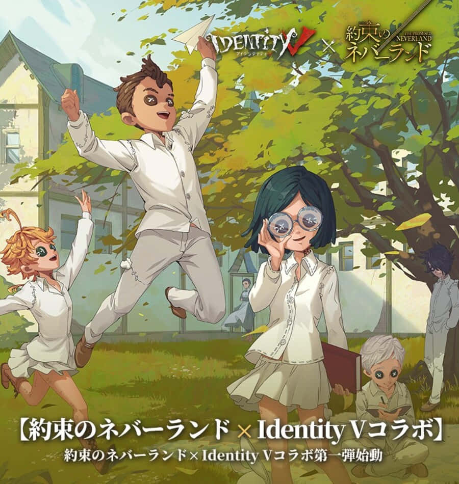 The Promised Neverland Gilda 桌布 壁紙 — 穿著白色服裝的孩子們在明亮的庭園場景中，在枝葉茂密的樹下快樂地玩耍。