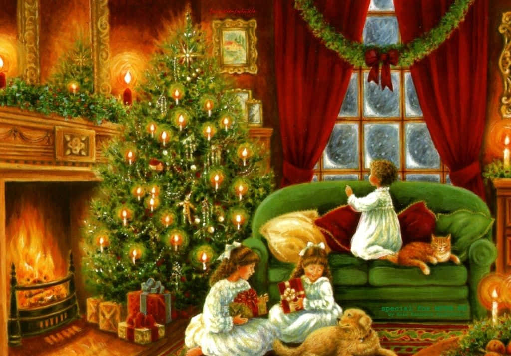 Vintage Christmas 桌布 壁紙 — 穿著白色睡衣的孩子們在閃爍的聖誕樹旁、有紅色窗簾和窗外積雪的壁爐邊打開禮物。