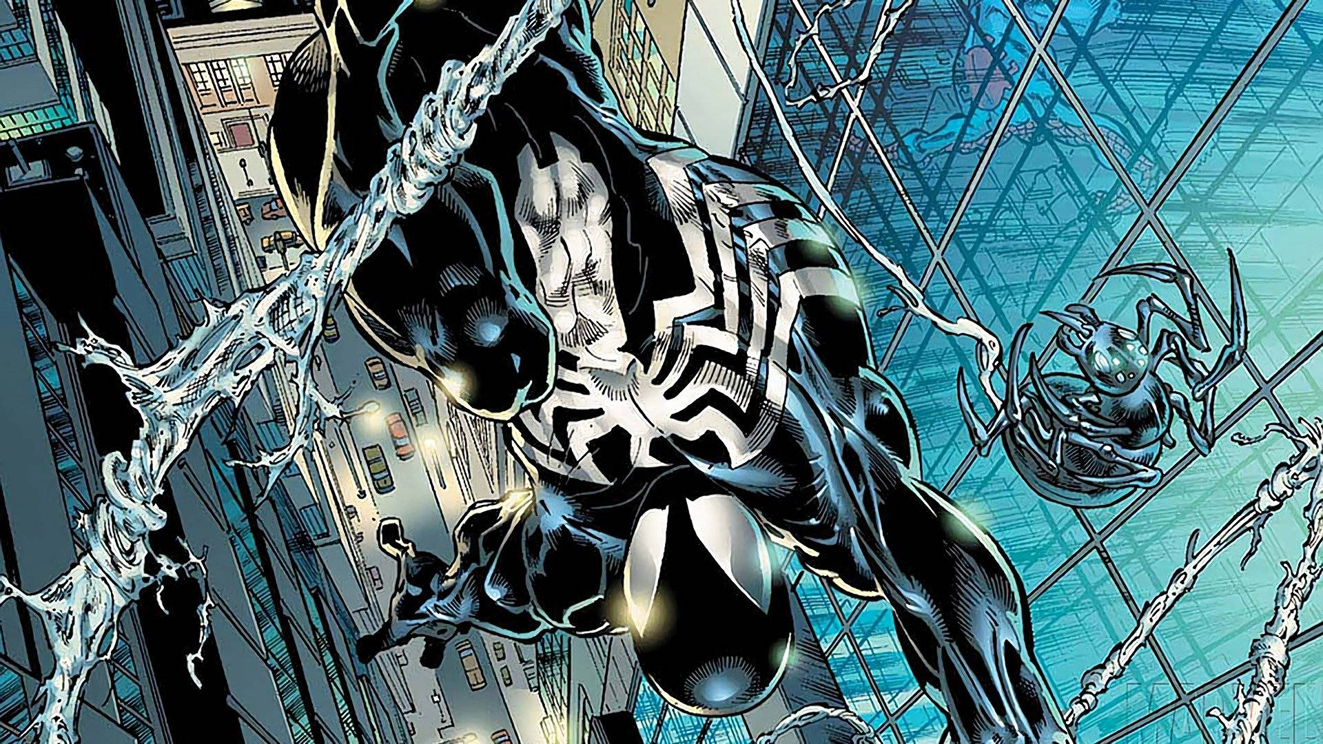 Venom 在城市中擺盪，背上附著一個蜘蛛共生體。