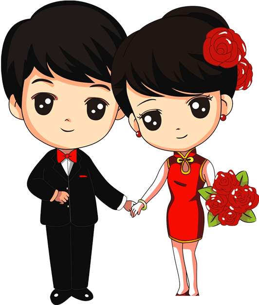 穿著盛裝的愛侶 壁紙 — Chibi卡通情侶穿著婚禮服飾，手持紅玫瑰，在黑色背景前牽手。