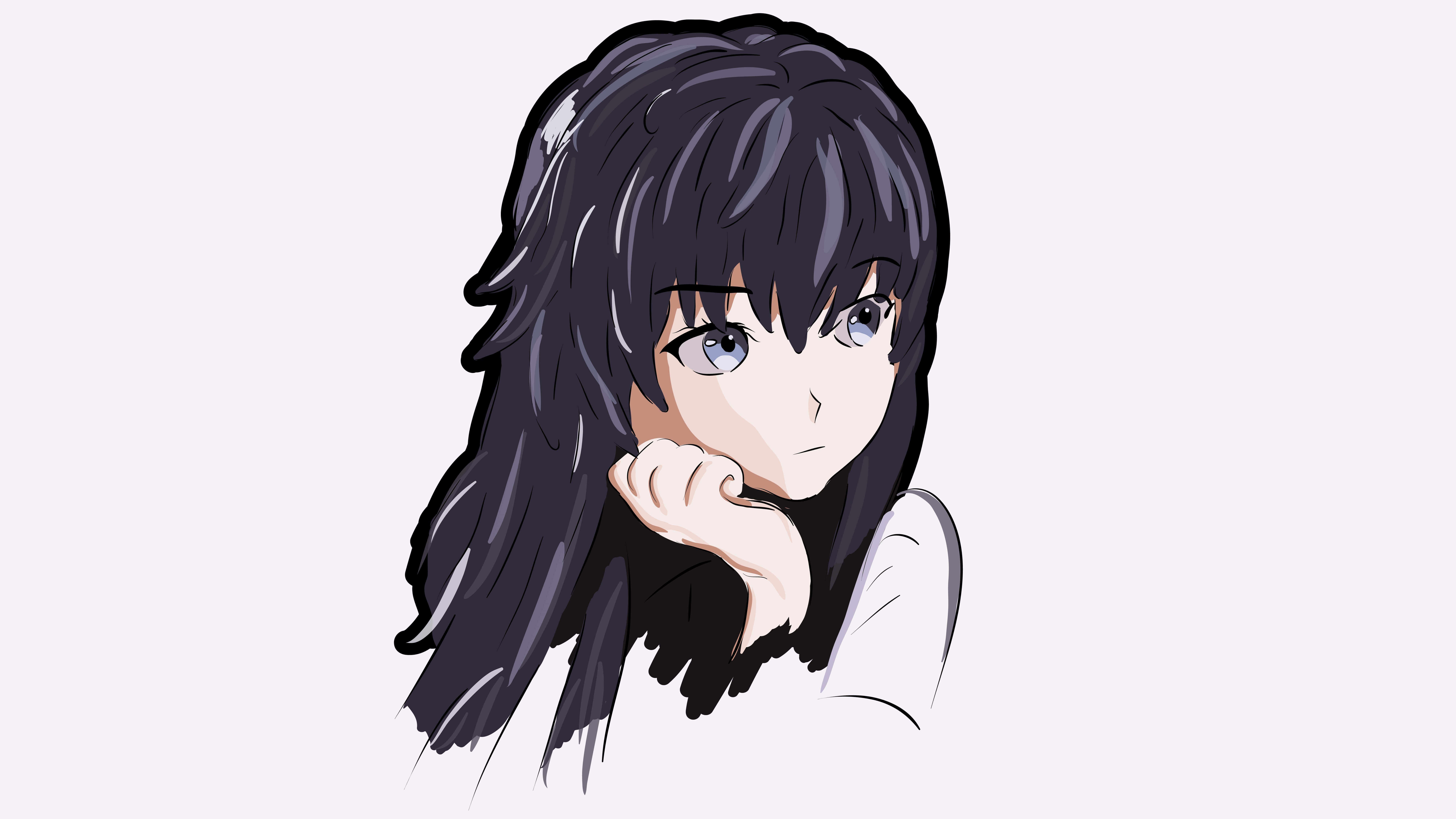 穿著粉紅洋裝的黑髮動漫少女 壁紙 — 長黑髮藍眼動漫女孩，在純色背景前用手托腮。