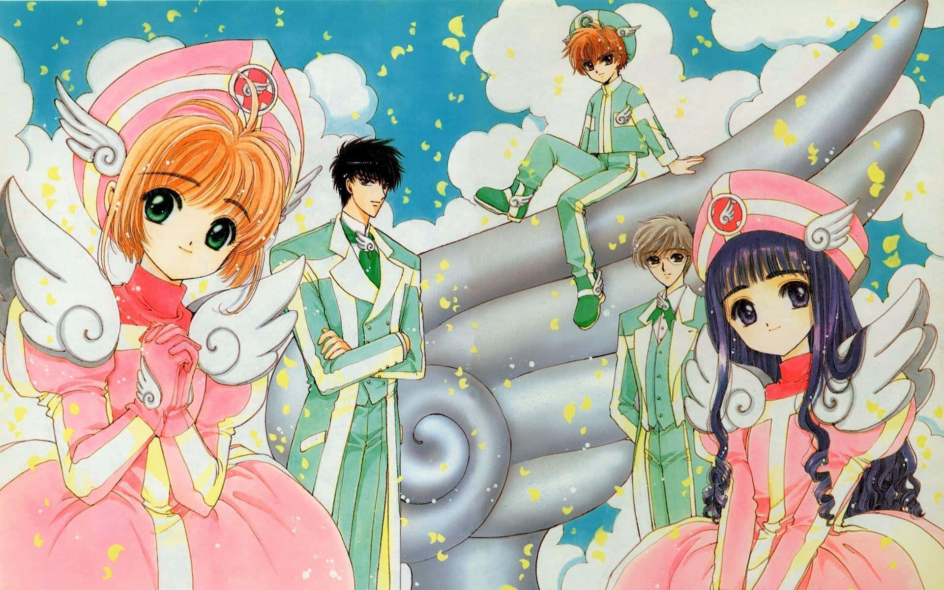 Catch these Magic Clow Cards with Cardcaptor Sakura! 壁紙 — 穿著粉紅色和綠色制服、帶有天使翅膀的動漫角色站在一個巨大的有翼結構上，背景是藍天白雲和飄落的花瓣。