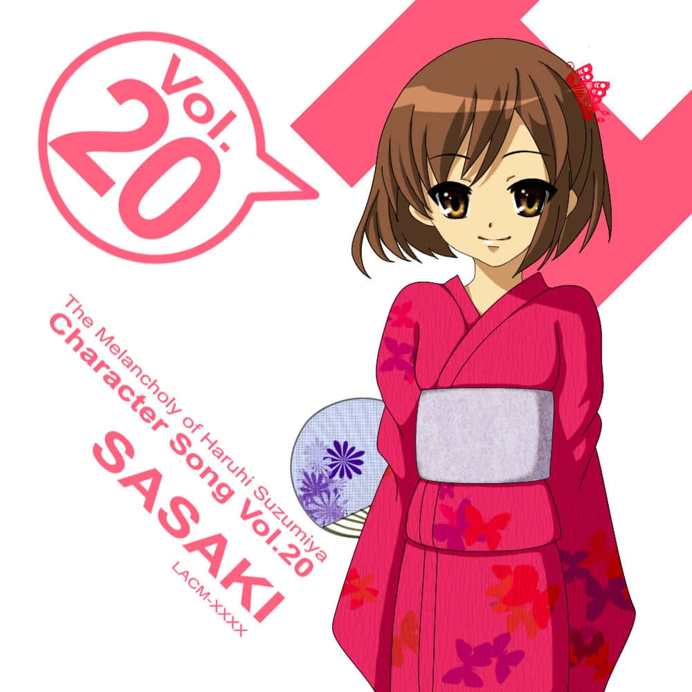 Haruhi Sasaki 桌布 壁紙 — 穿著粉紅色花卉和服、手持扇子的動漫女孩，背景為粉紅色幾何圖案並帶有文字。