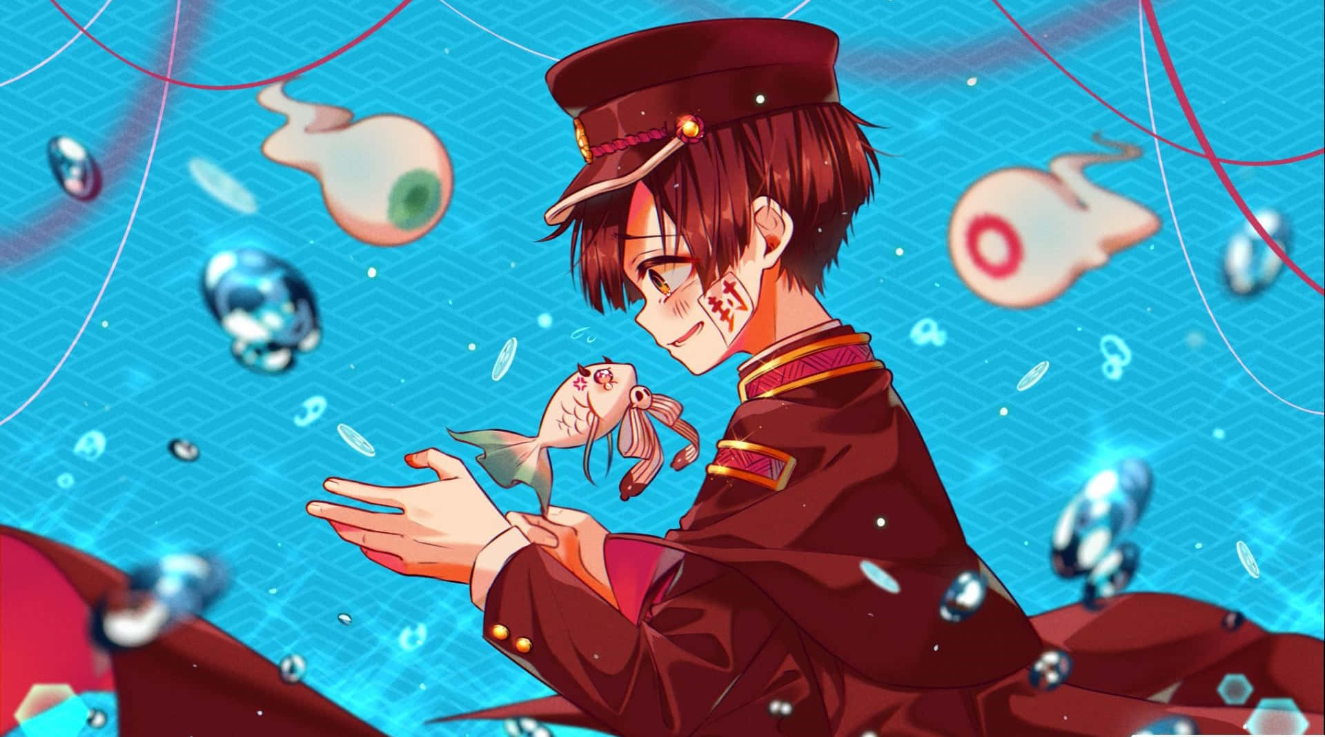 花子君 桌布 壁紙 — 穿著紅色制服的動畫男孩輕輕抱著一條小魚，漂浮的眼球和氣泡在充滿活力的藍色水中漂流。