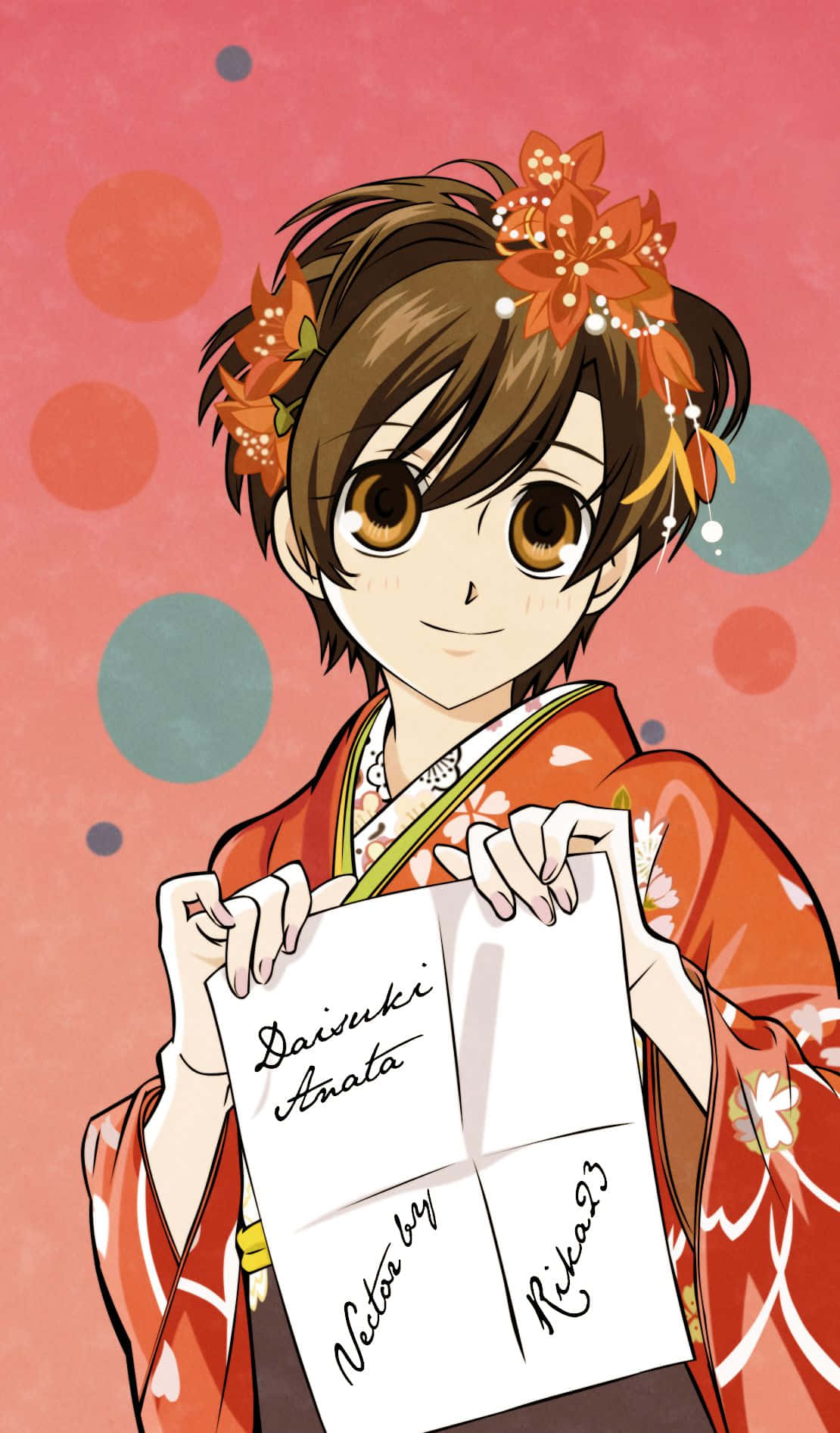 haruhi fujioka 桌布 壁紙 — 穿著紅色和服、頭戴花卉髮飾的動漫女孩，在彩色圓點背景前拿著簽名紙。