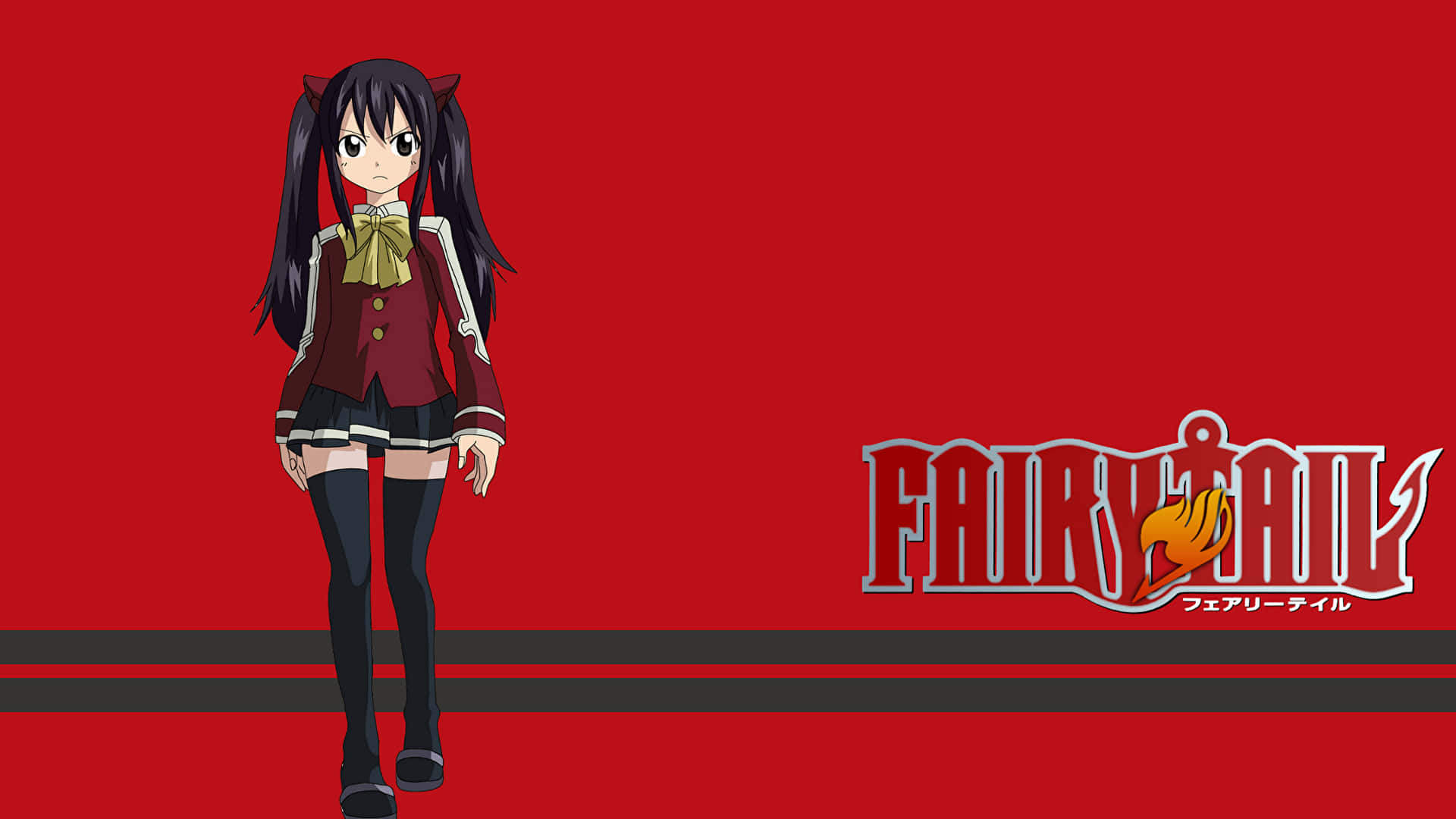 Wendy Marvell 桌布 壁紙 — 穿著紅色校服、戴著貓耳嘅動漫少女，喺搶眼嘅紅色背景前，旁邊有Fairy Tail標誌。