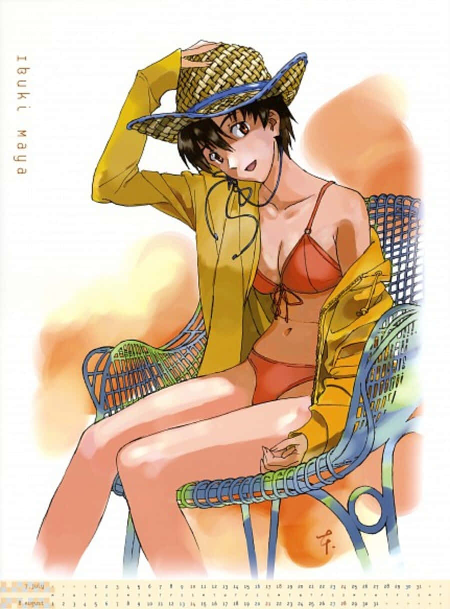 Maya Ibuki 桌布 壁紙 — 穿著紅色比基尼和黃色外套的動漫女孩在溫暖的夕陽下懶洋洋地躺在藤椅上。