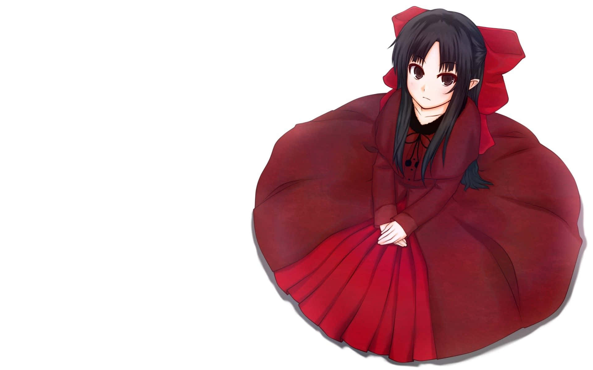 動漫少女身穿紅色連衣裙在白色背景上靜靜坐著。 — 動漫女孩 壁紙