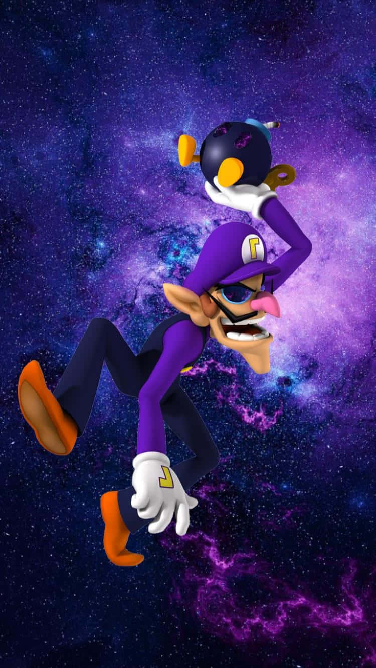 Waluigi 桌布 壁紙 — 穿著紫色西裝的瓦路易吉跳過充滿活力的宇宙星雲，手持炸彈。