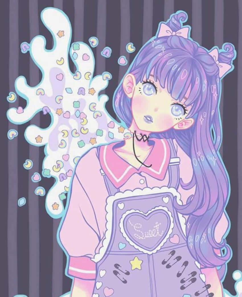 紫色頭髮的動漫女孩呼出柔和色調的彩色心形和星星。