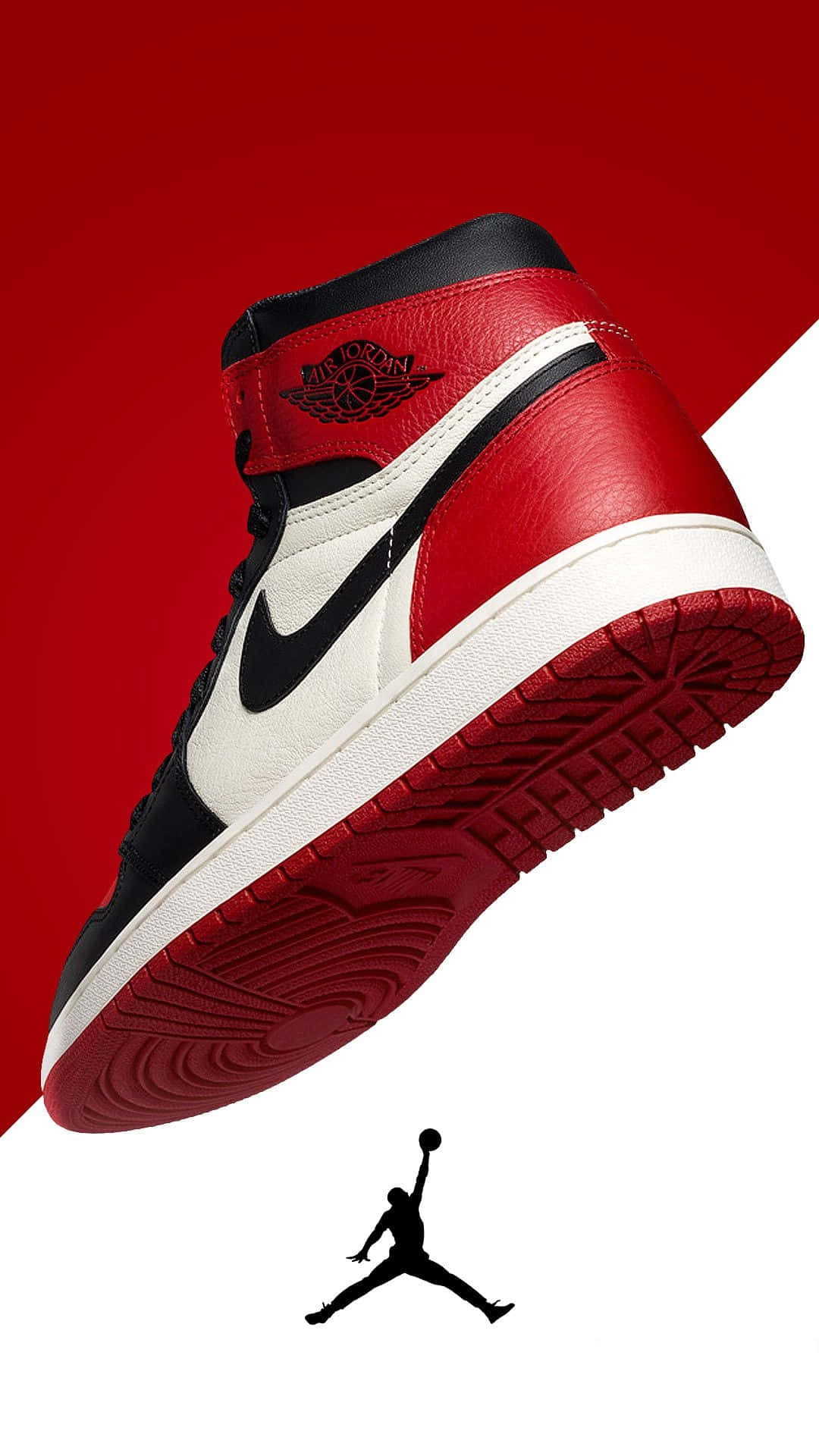 紅、黑、白色的 Air Jordan 1 運動鞋，帶 Jumpman 標誌，配紅白背景。