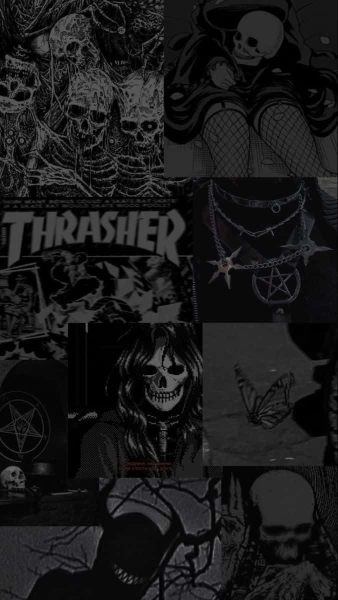 黑暗拼貼畫，包含骷髏頭、五角星和 Thrasher 雜誌圖像。