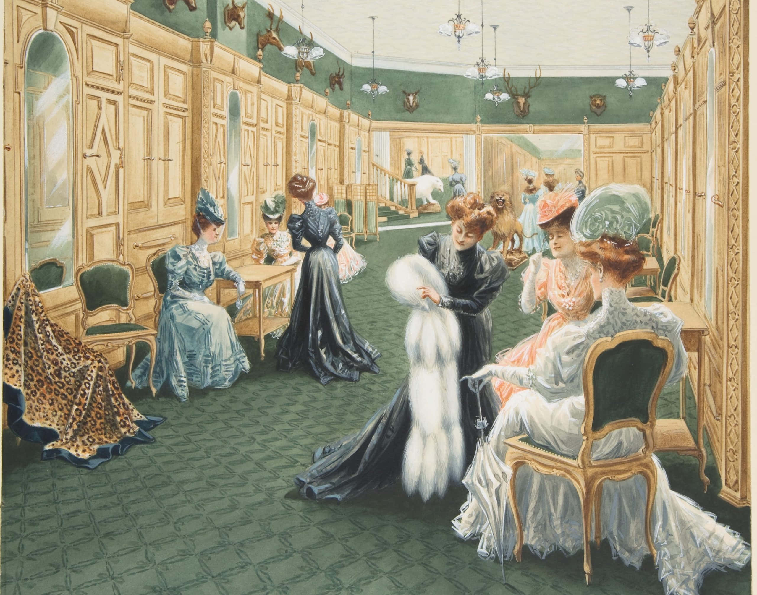 Victorian 桌布 壁紙 — 穿著華麗19世紀服飾的優雅女性，在裝飾著鹿頭標本的豪華木鑲板狩獵小屋中交談和擺姿勢。