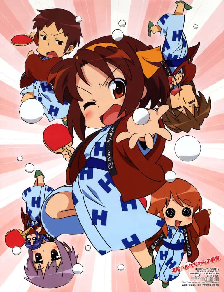 Mikuru Asahina 桌布 壁紙 — 穿著藍色H圖案制服的動漫角色在閃耀的粉紅色和白色背景上以動態姿勢打乒乓球。