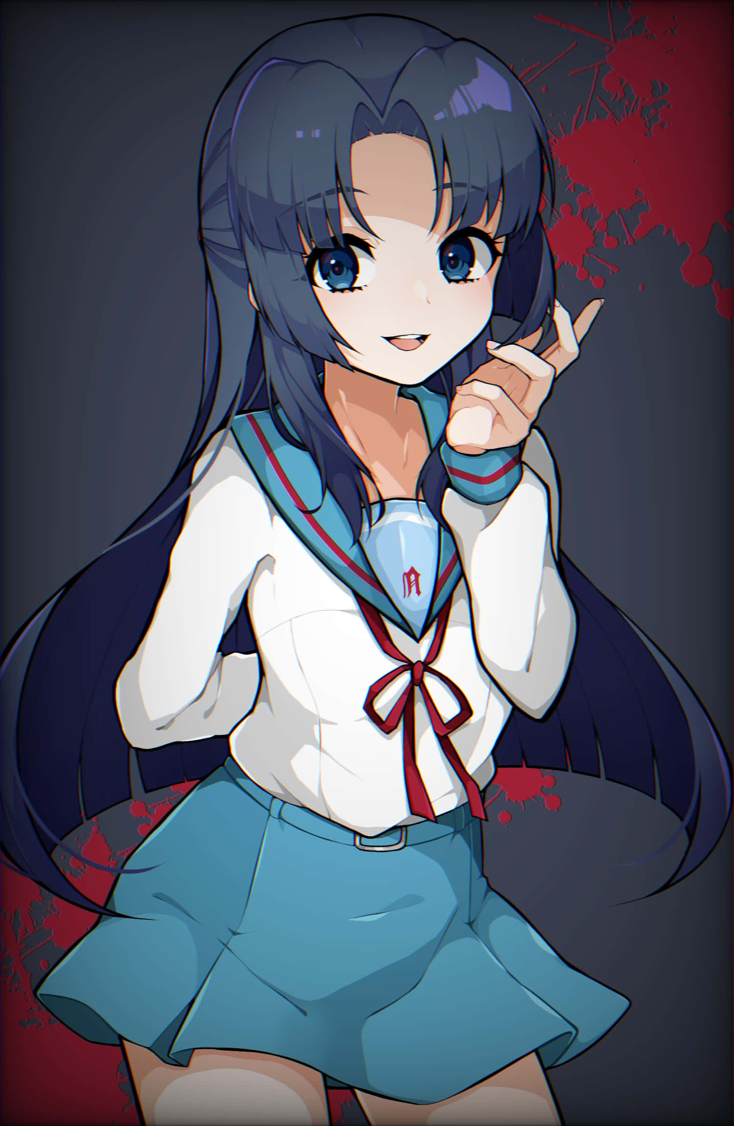 Ryoko Asakura 桌布 壁紙 — 穿著藍色水手服的動漫女孩在深紅色潑濺背景上開心地微笑。