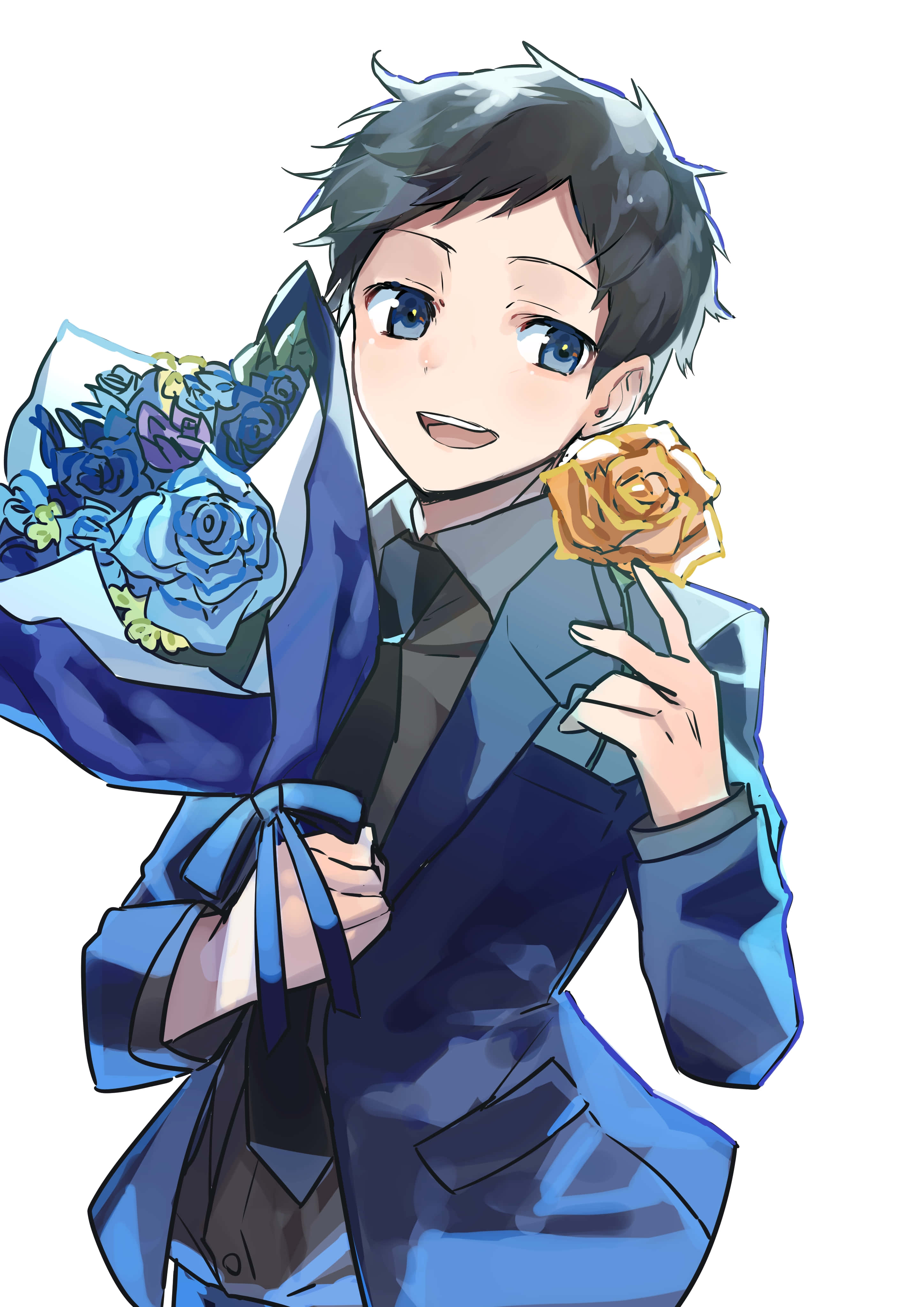 Mikado Ryuugamine 桌布 壁紙 — 穿著藍色西裝的動漫男孩，手持藍色玫瑰和一朵金色玫瑰，表情明亮愉快。