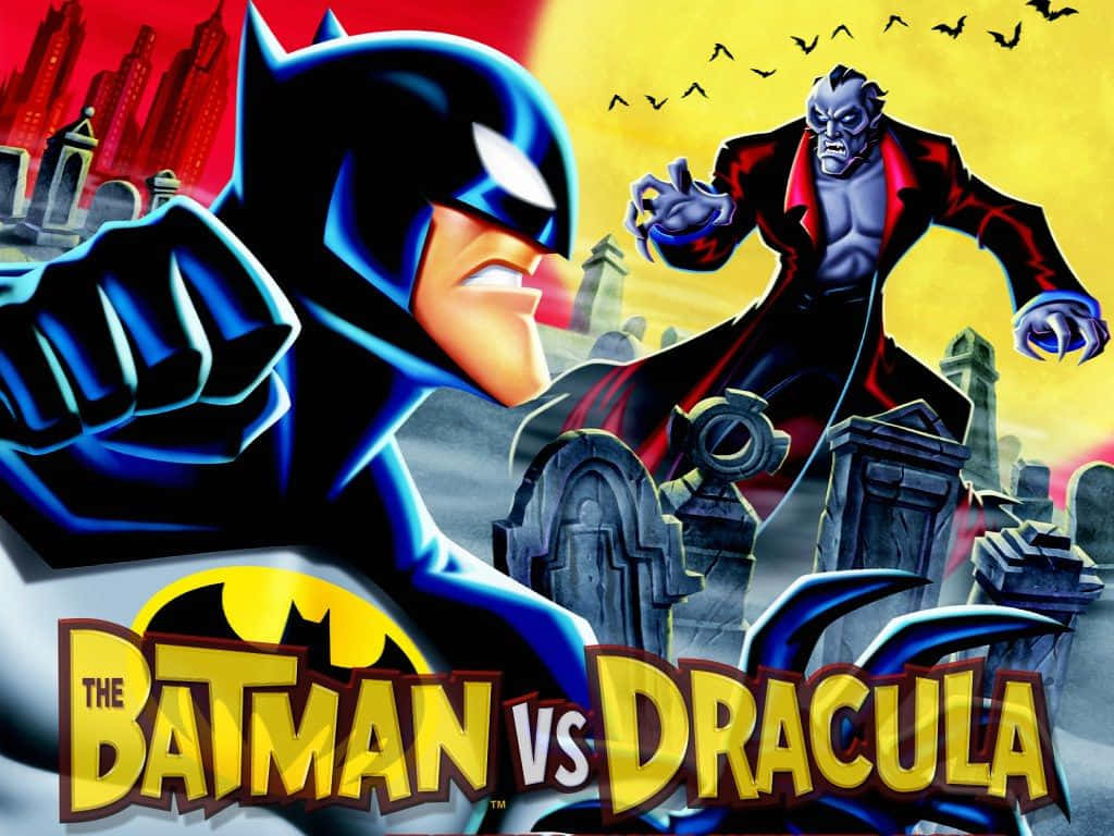 The Batman Vs Dracula 桌布 壁紙 — 穿著藍色西裝的蝙蝠俠在黃色天空下，哥德式墓碑之間，與穿著紅色外套的德古拉對峙，蝙蝠在空中飛翔。
