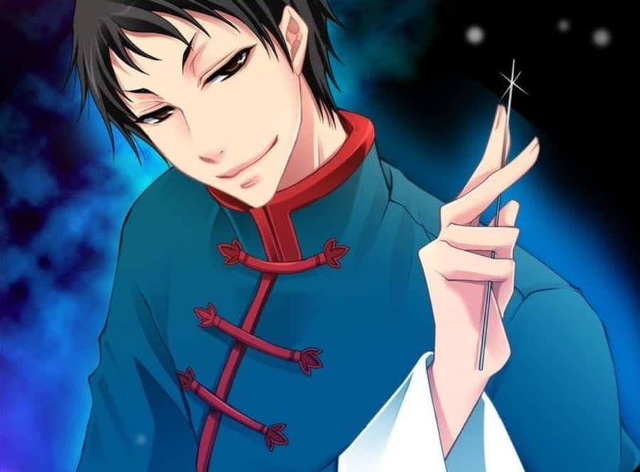 Black Butler Lau 桌布 壁紙 — 穿著藍色長袍、紅色鑲邊的動漫角色，在宇宙藍色背景前手持發光魔杖。