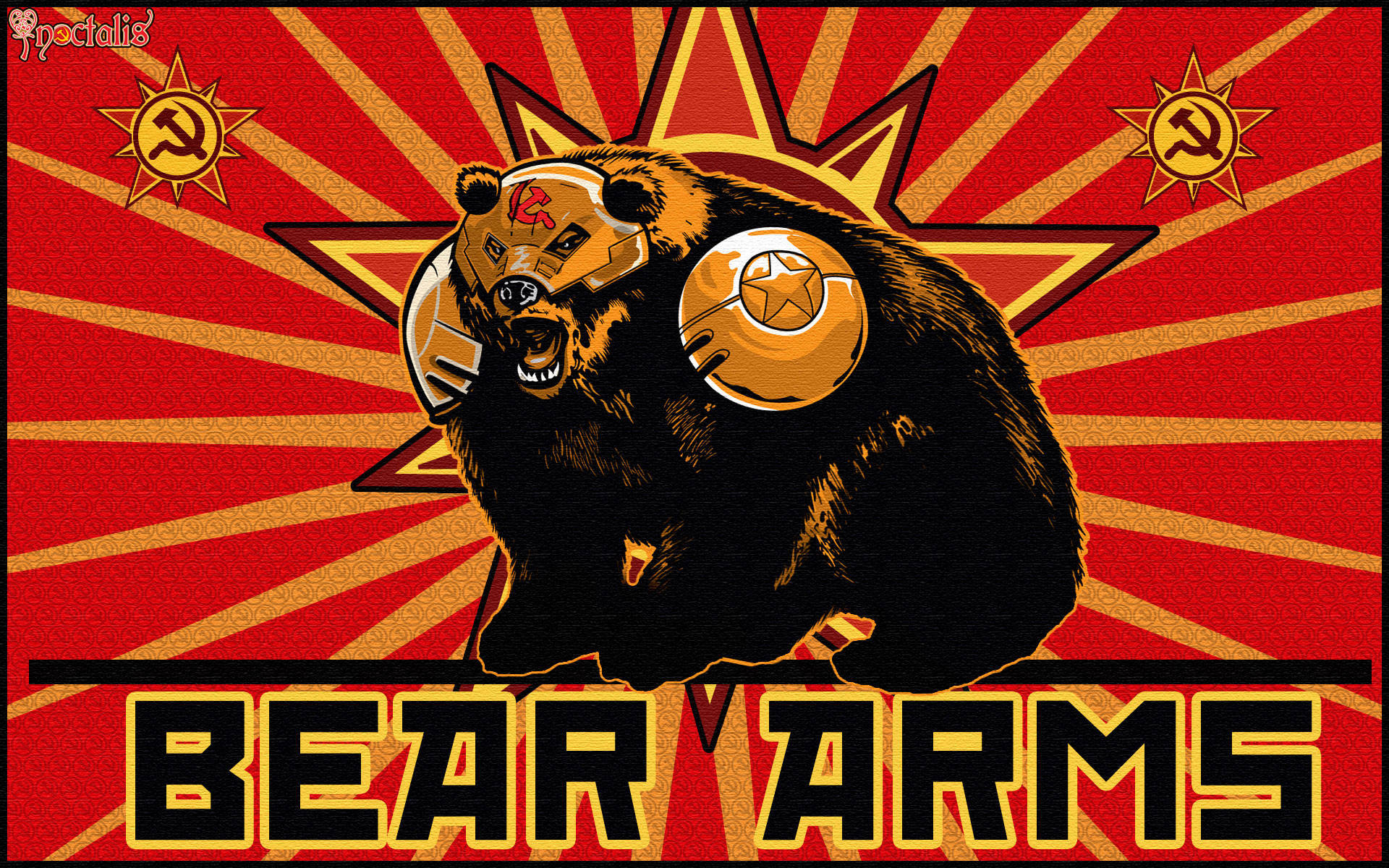 一隻穿著盔甲的熊，帶有共產主義符號和文字「BEAR ARMS」，背景為紅色太陽光芒。