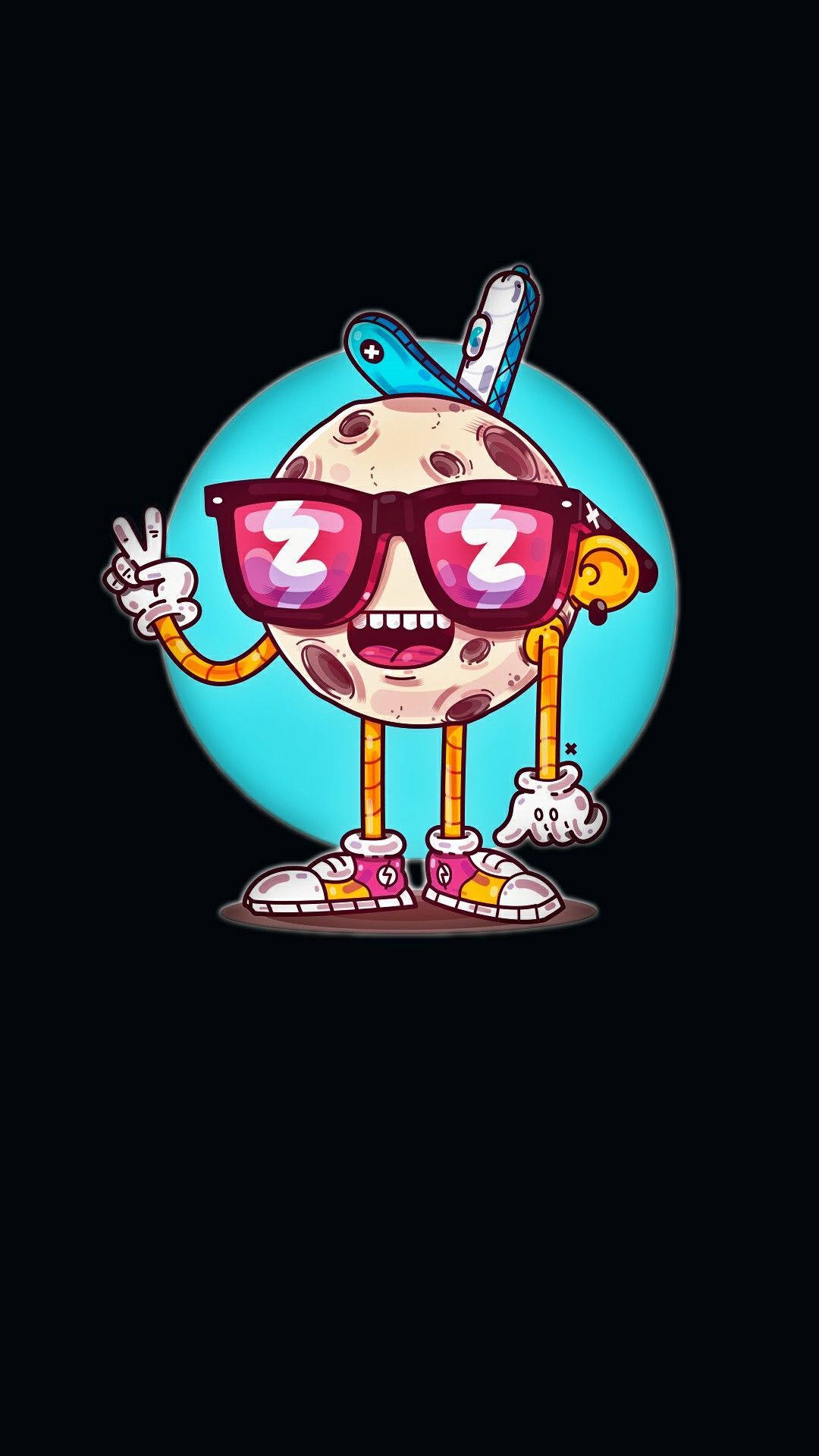 戴著太陽眼鏡和帽子的快樂卡通月亮做出和平手勢。