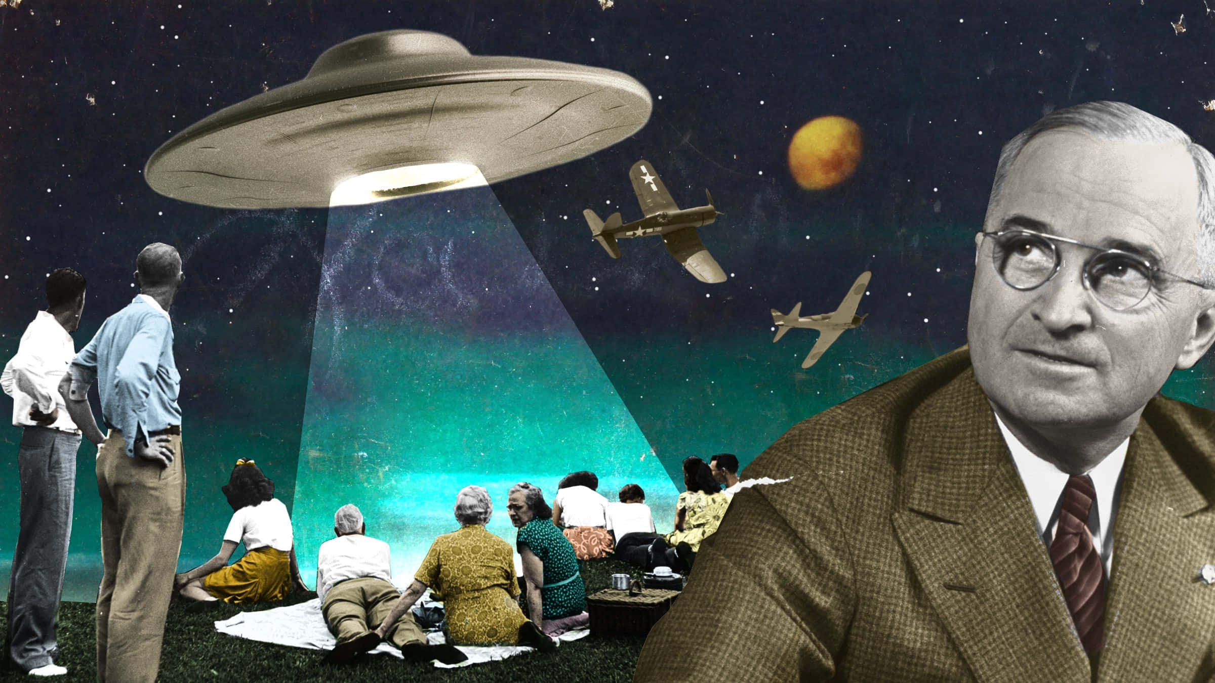 穿著西裝打領帶的男人站在太空船前 壁紙