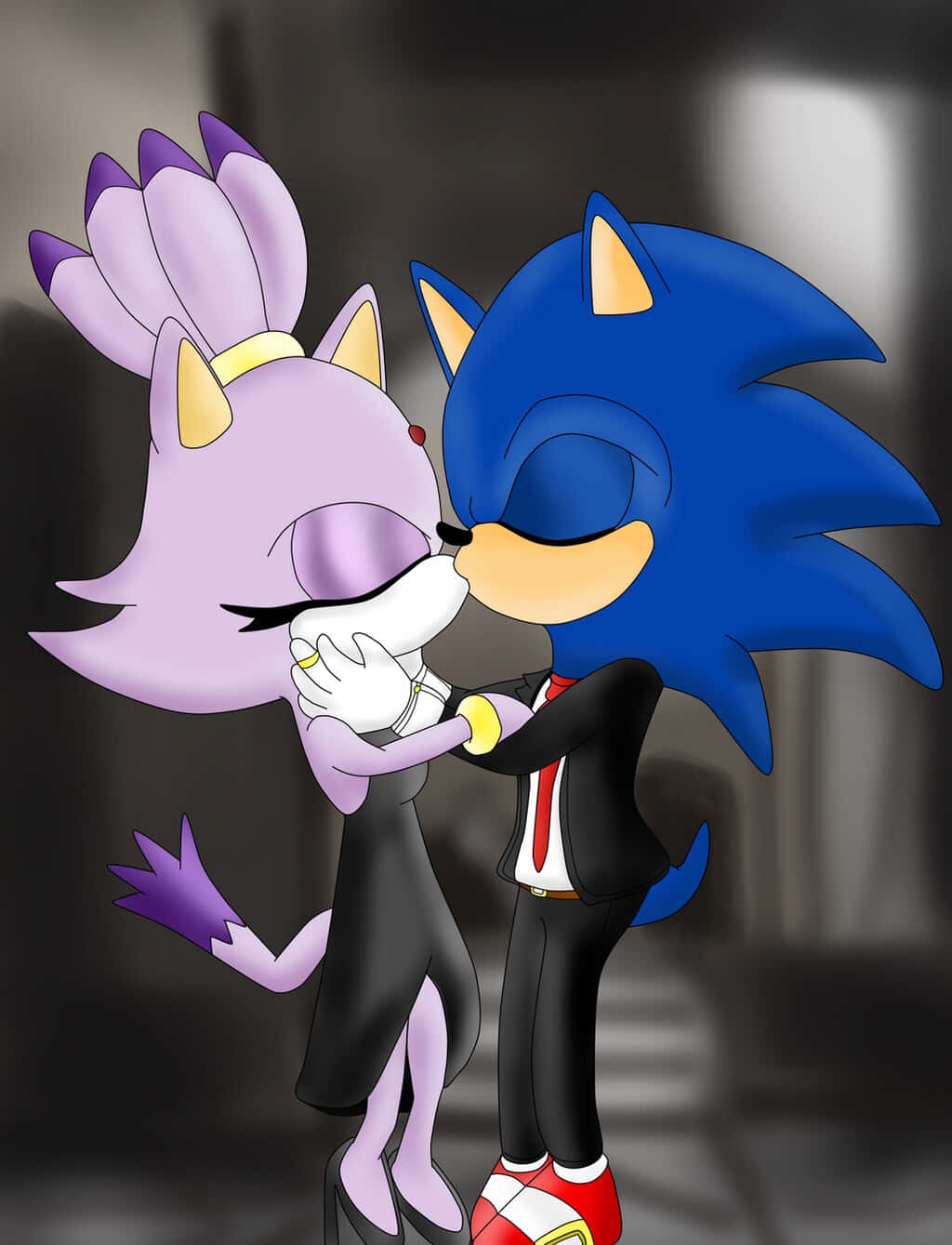Sonic And Blaze 桌布 壁紙 — 穿著西裝的刺蝟索尼克在陰暗的環境中親吻一隻紫色的狐狸。