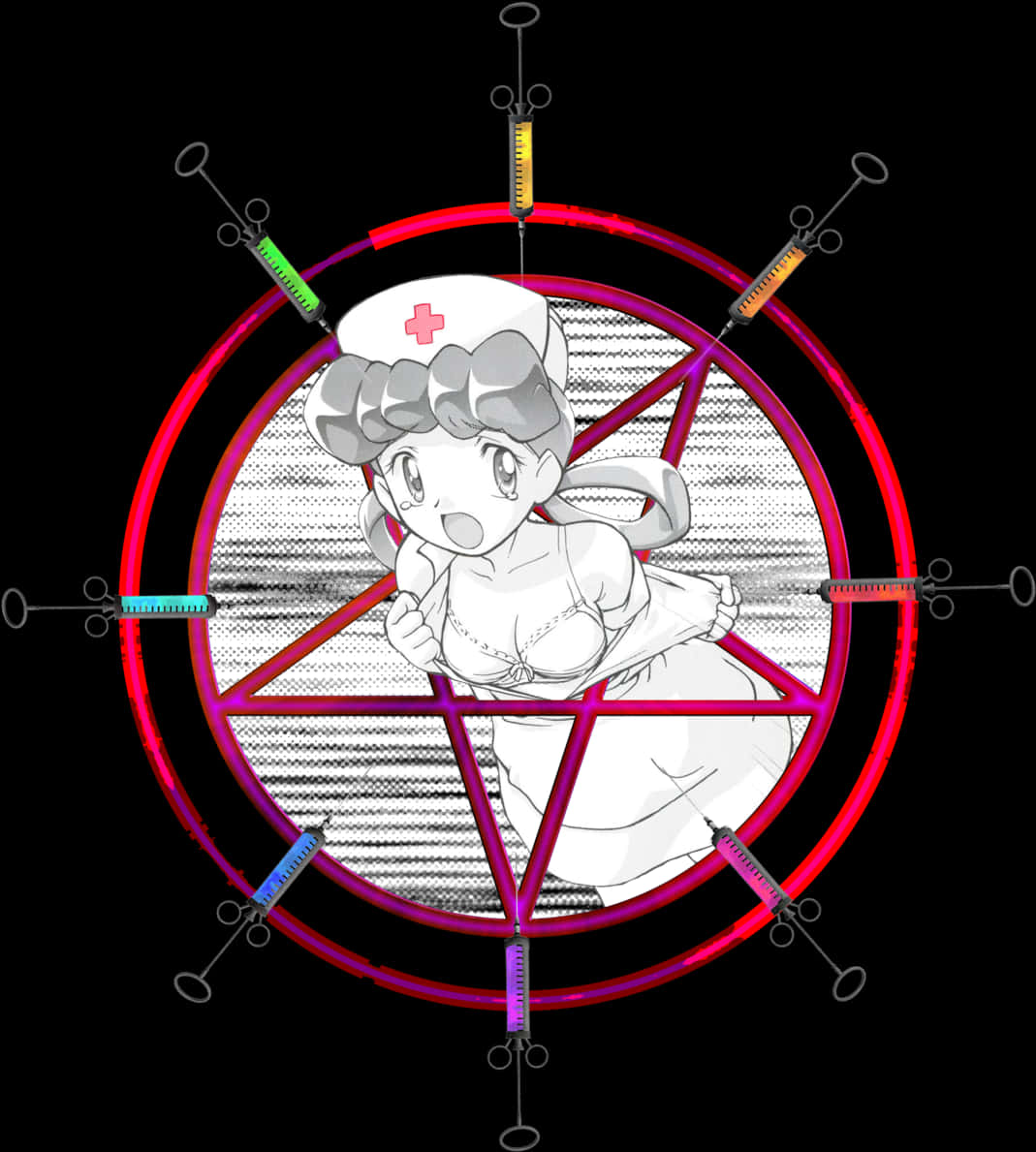 穿著護士服的五芒星囚禁者 壁紙 — 一個穿著白色制服嘅卡通護士女仔被困喺一個發光嘅紅色五角星入面，周圍係色彩繽紛嘅注射器，背景係黑色。