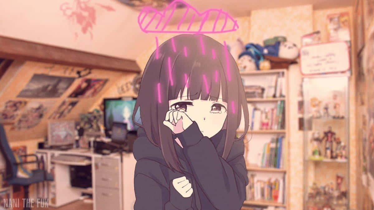 Menhera Chan 桌布 壁紙 — 穿著連帽衫的動漫女孩在粉紅色的雨下哭泣，房間舒適雜亂，充滿書籍和海報。