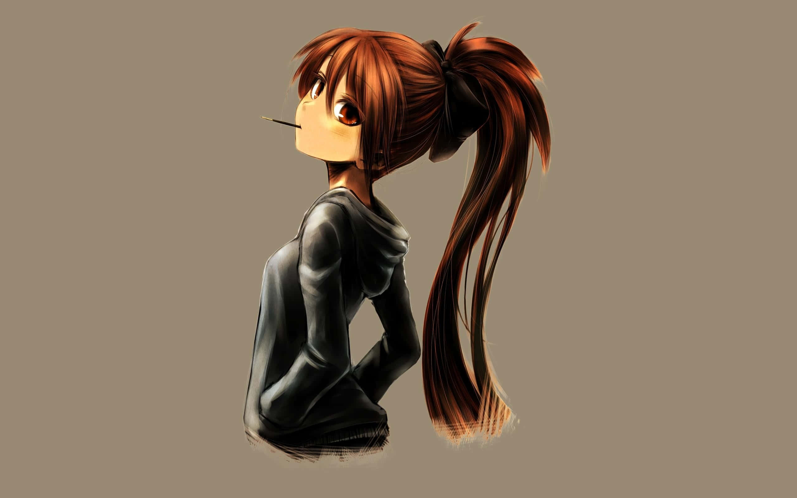 穿著連帽衫的可愛動漫少女 壁紙 — 動漫女孩，紅色馬尾辮如火，黑色連帽衫，在柔和的米色背景下側視。