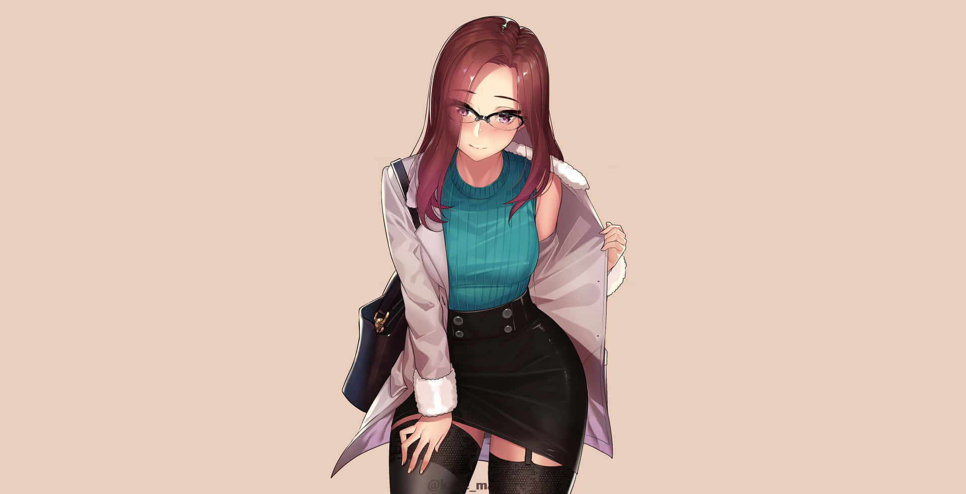 戴眼鏡、紫色頭髮的動漫女孩，穿著外套和裙子。
