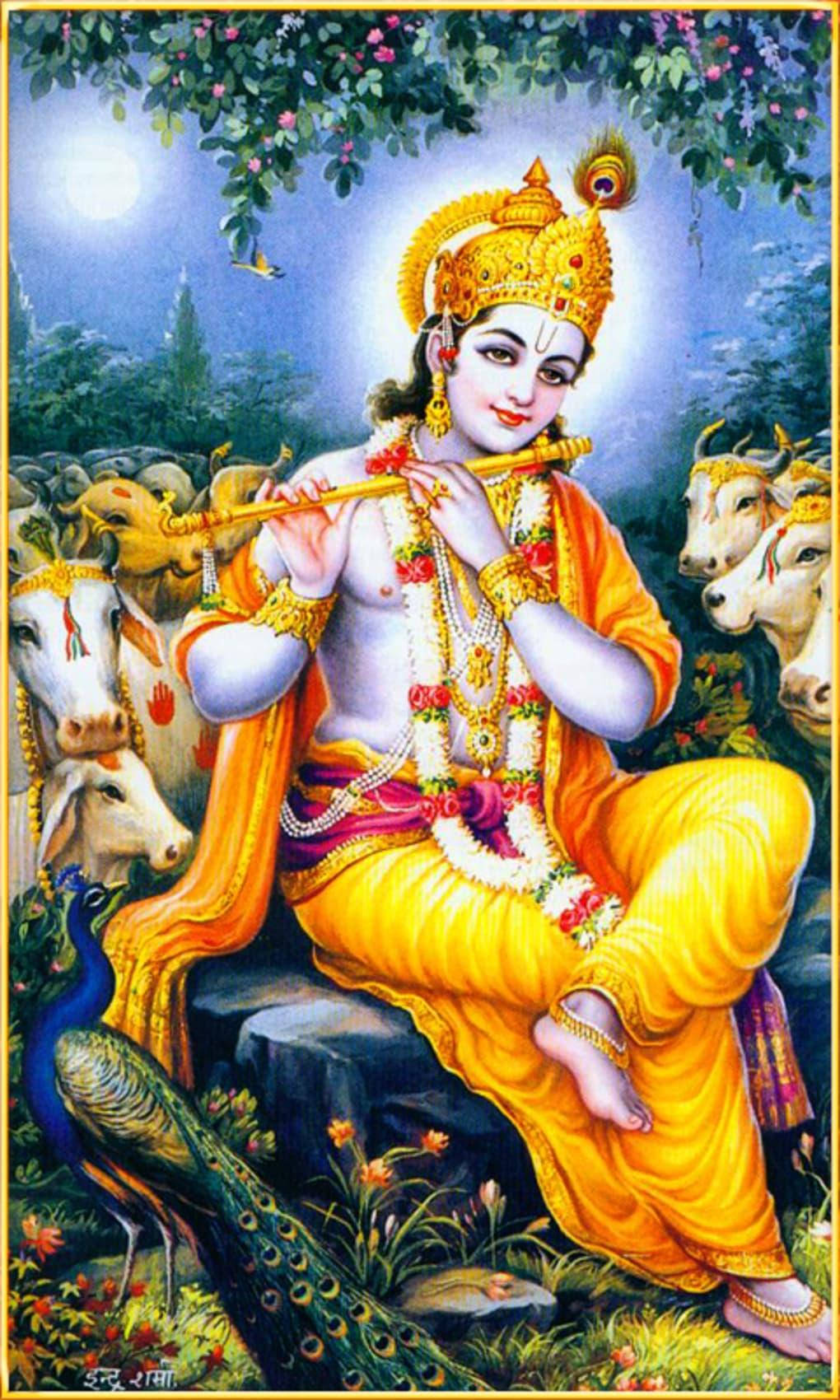krishna iPhone 桌布 壁紙 — 穿著金色服飾的克里希納神在月光下被牛、孔雀和鮮花環繞，吹奏長笛。