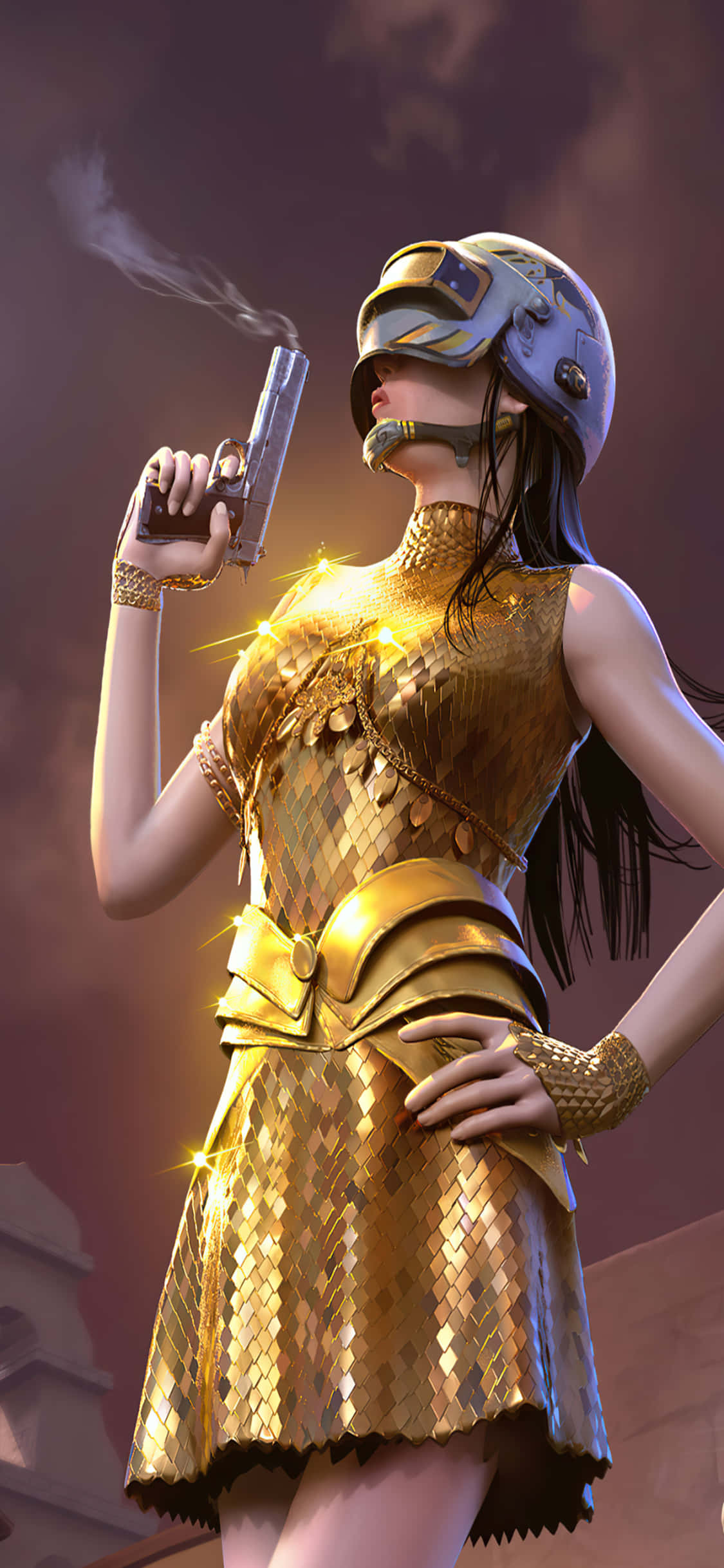 穿著金色禮服的女子手持槍械 壁紙 — 一位迷人女子身穿閃爍金色鱗片連身裙和未來感頭盔，在昏暗天空下握著冒煙的手槍。