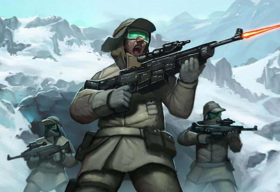 Blaster Rifles 桌布 壁紙 — 穿著雪地裝備的士兵在鋸齒狀的冰封山脈上，用帶有發光瞄準鏡的步槍射擊。
