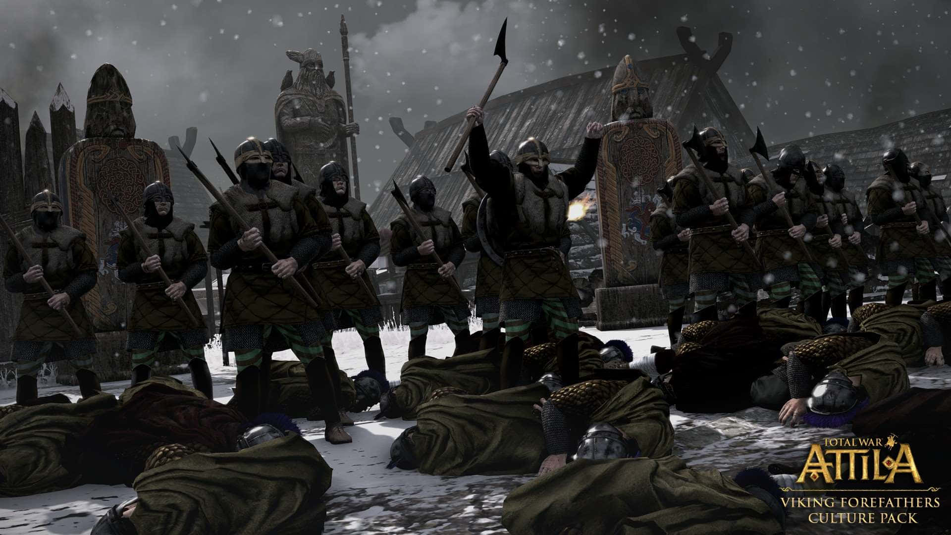 全軍破敵：阿提拉 桌布 壁紙 — 穿著雪地裝備的維京戰士在風暴天空下的黑暗冬季戰場上，勝利地站在倒下的敵人之上。