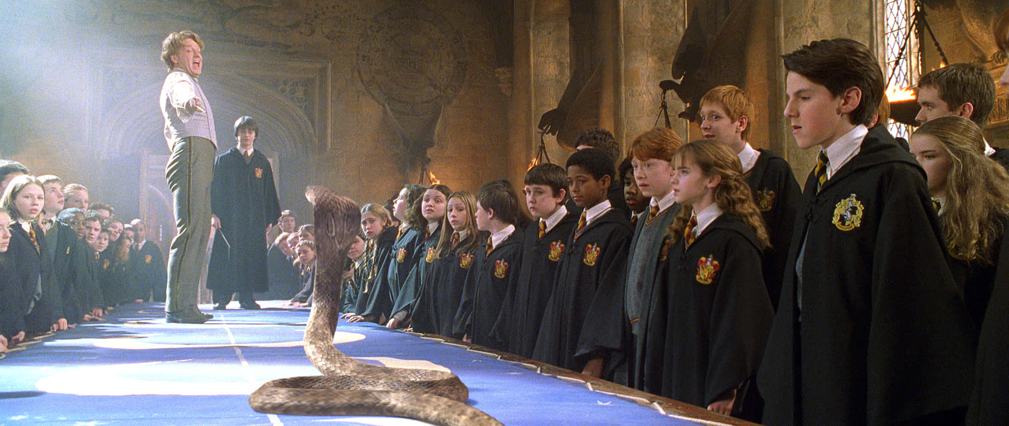 Harry Potter Serpent 桌布 壁紙 — 穿著霍格華茲長袍的學生們敬畏地站著，看著一條大蛇從宏偉石廳的藍色地毯地板上升起。