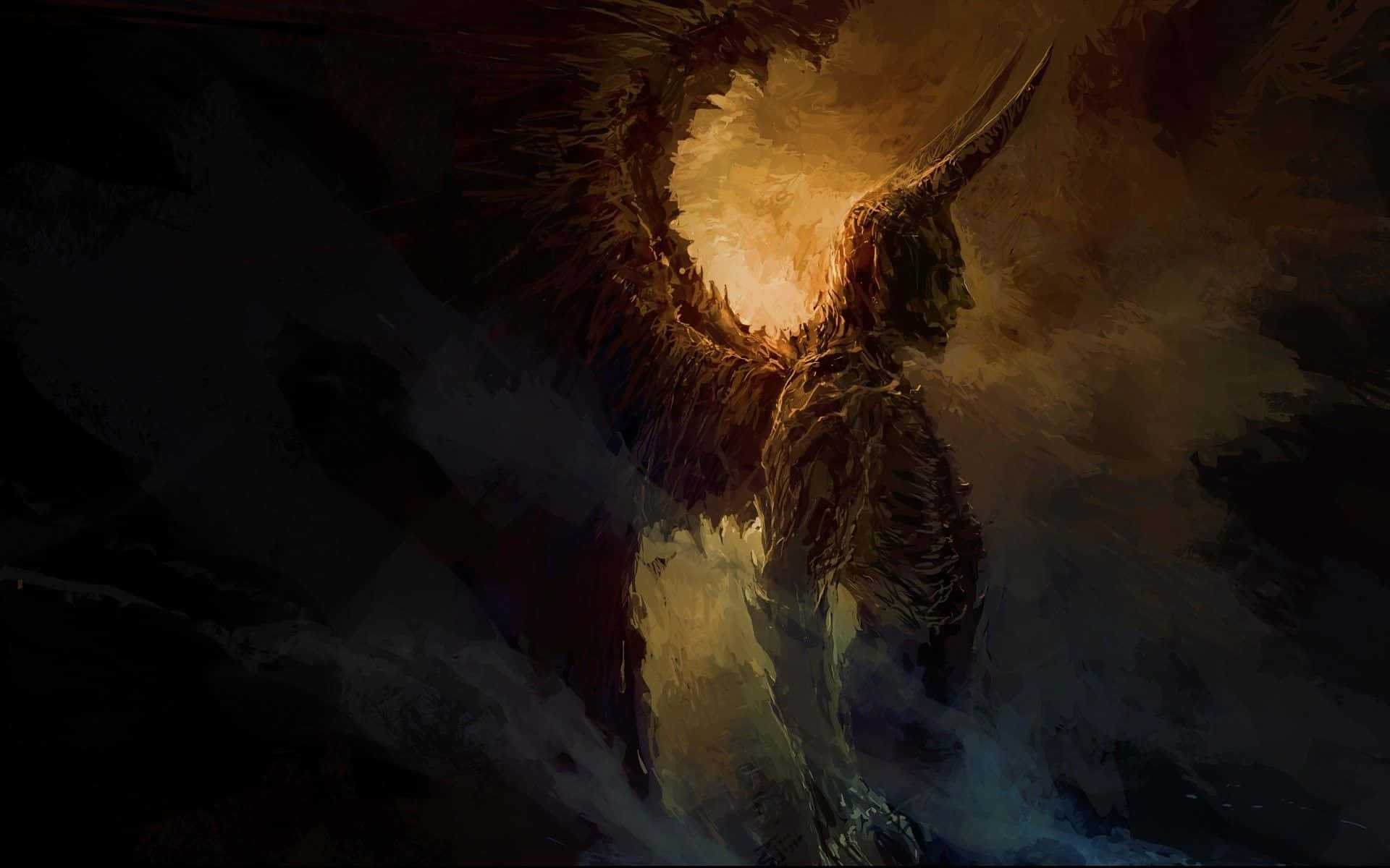 一個擁有發光角及翅膀的惡魔生物從烏雲中浮現。