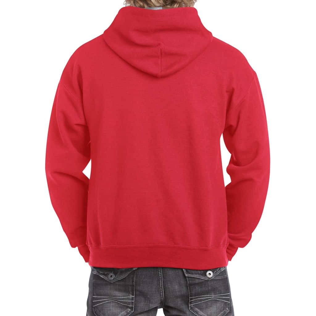 Red Hoodie 桌布 壁紙 — 穿著鮮紅色連帽衫和深色牛仔褲的人背面，背景為純白色。
