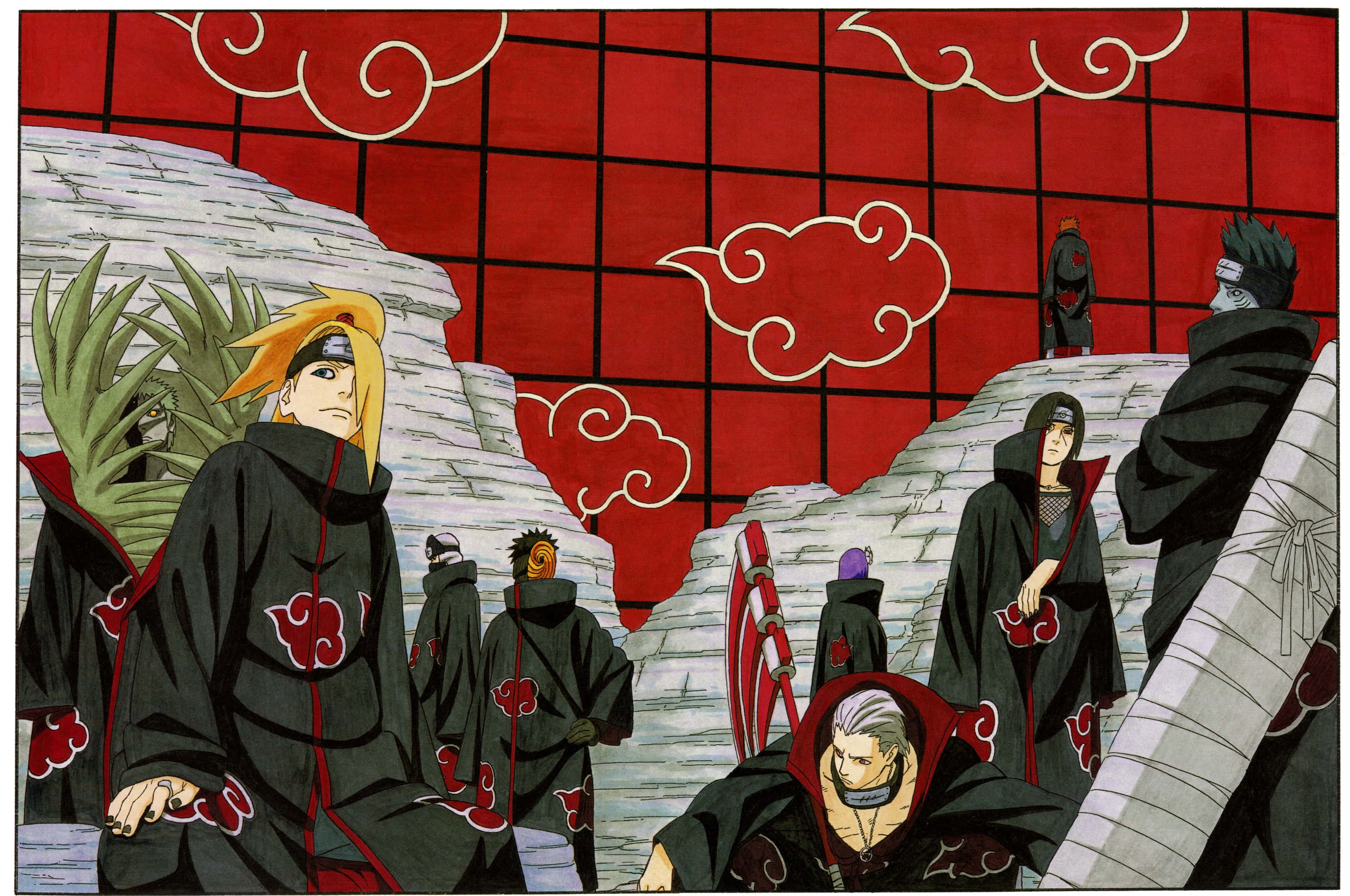 Akatsuki Members 桌布 壁紙 — 穿著黑色曉組織斗篷的動漫角色站在石階上，背景是帶有白雲的紅色網格天空。