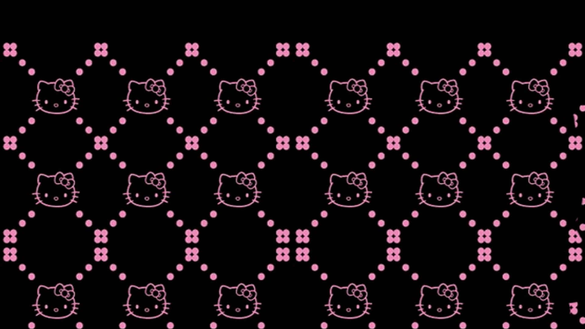 粉紅色Hello Kitty面孔在黑色背景上的菱形網格圖案。