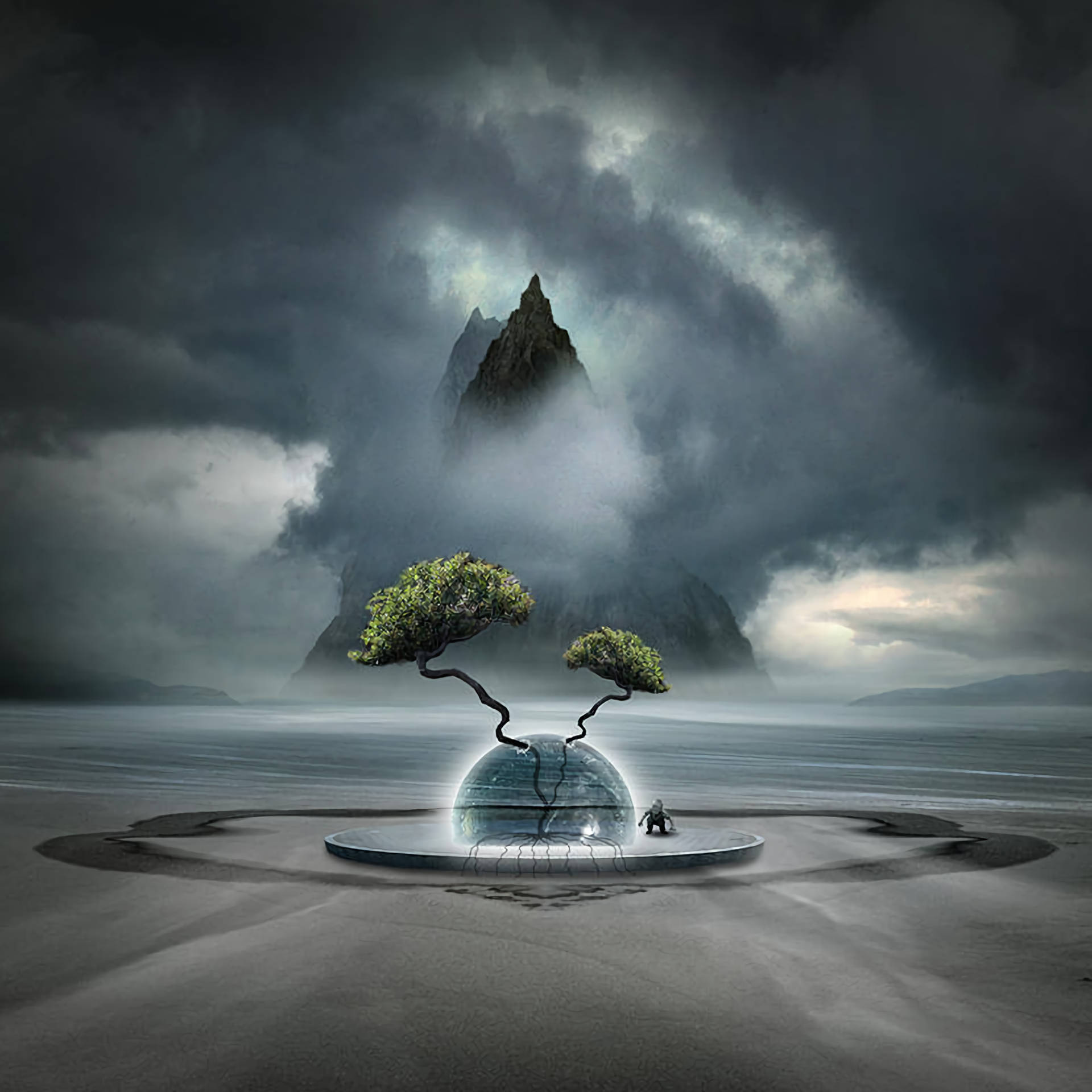 一個人在暴風雨的天空下，跪在一個發光裂開的球體旁邊，球體上長出兩棵樹，在海灘上。