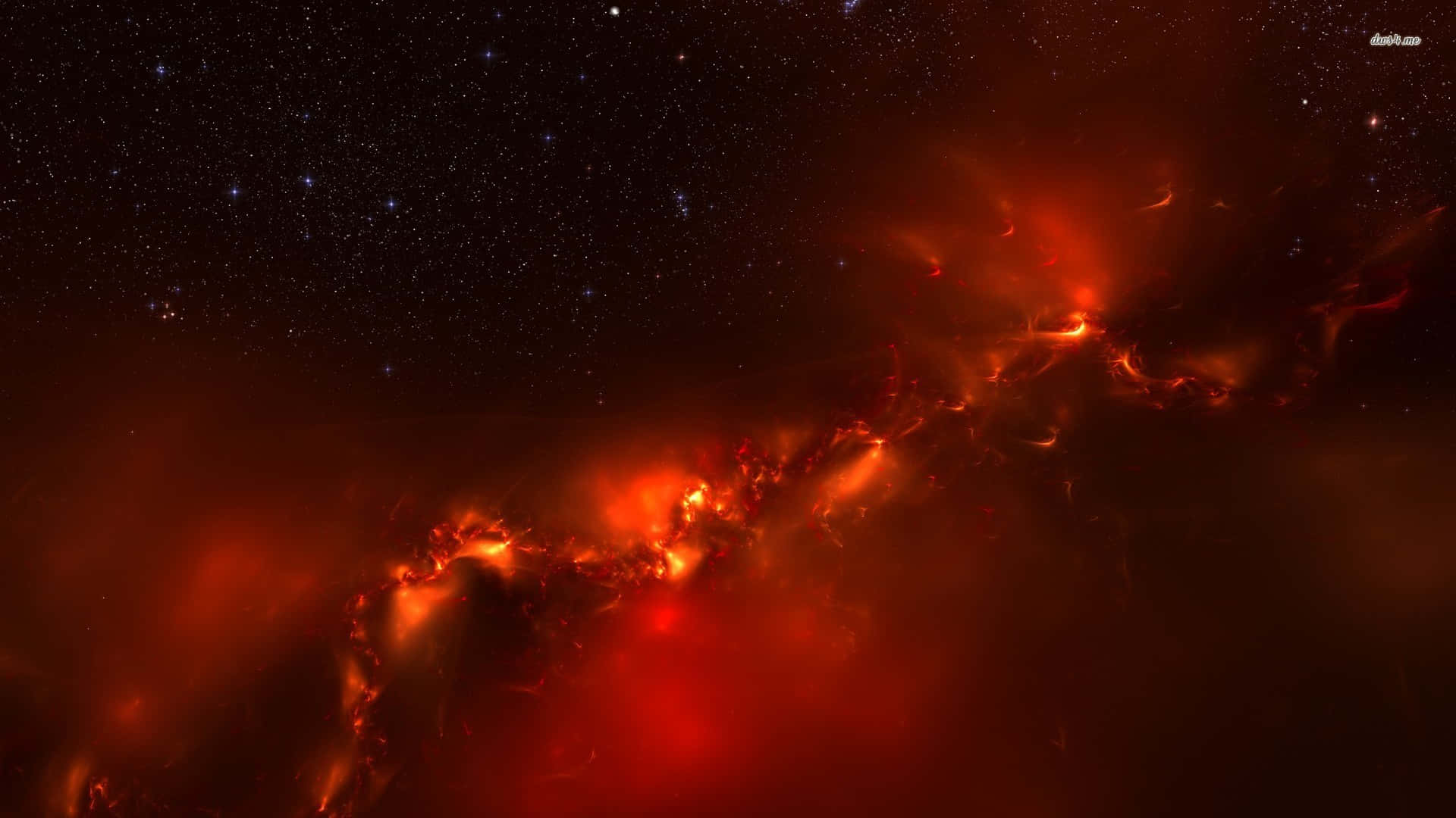 在遙遠星辰間的深空中，一團火紅的星雲閃耀發光。