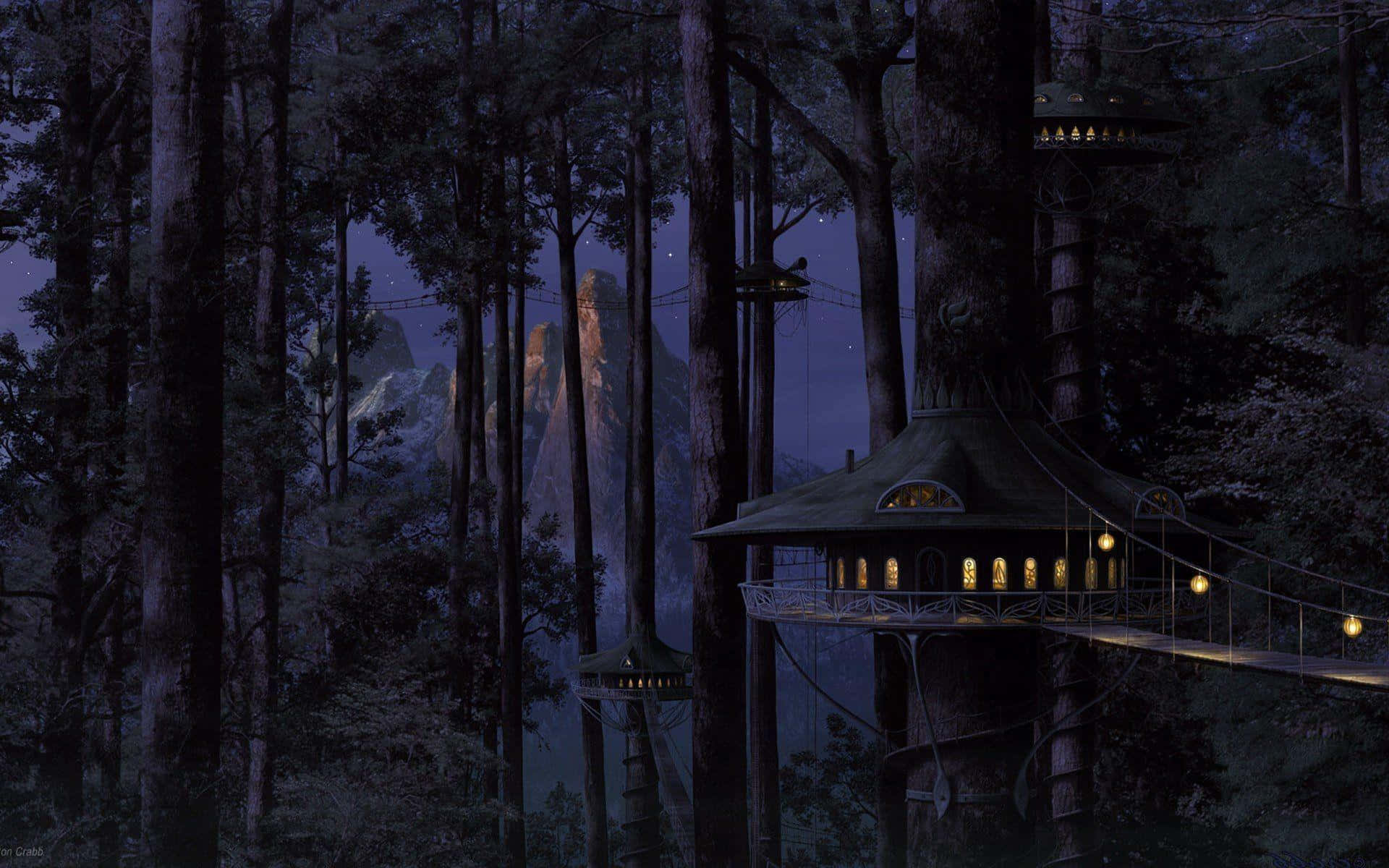 一座發光的樹屋坐落在夜晚的黑暗森林中，背景有山巒。