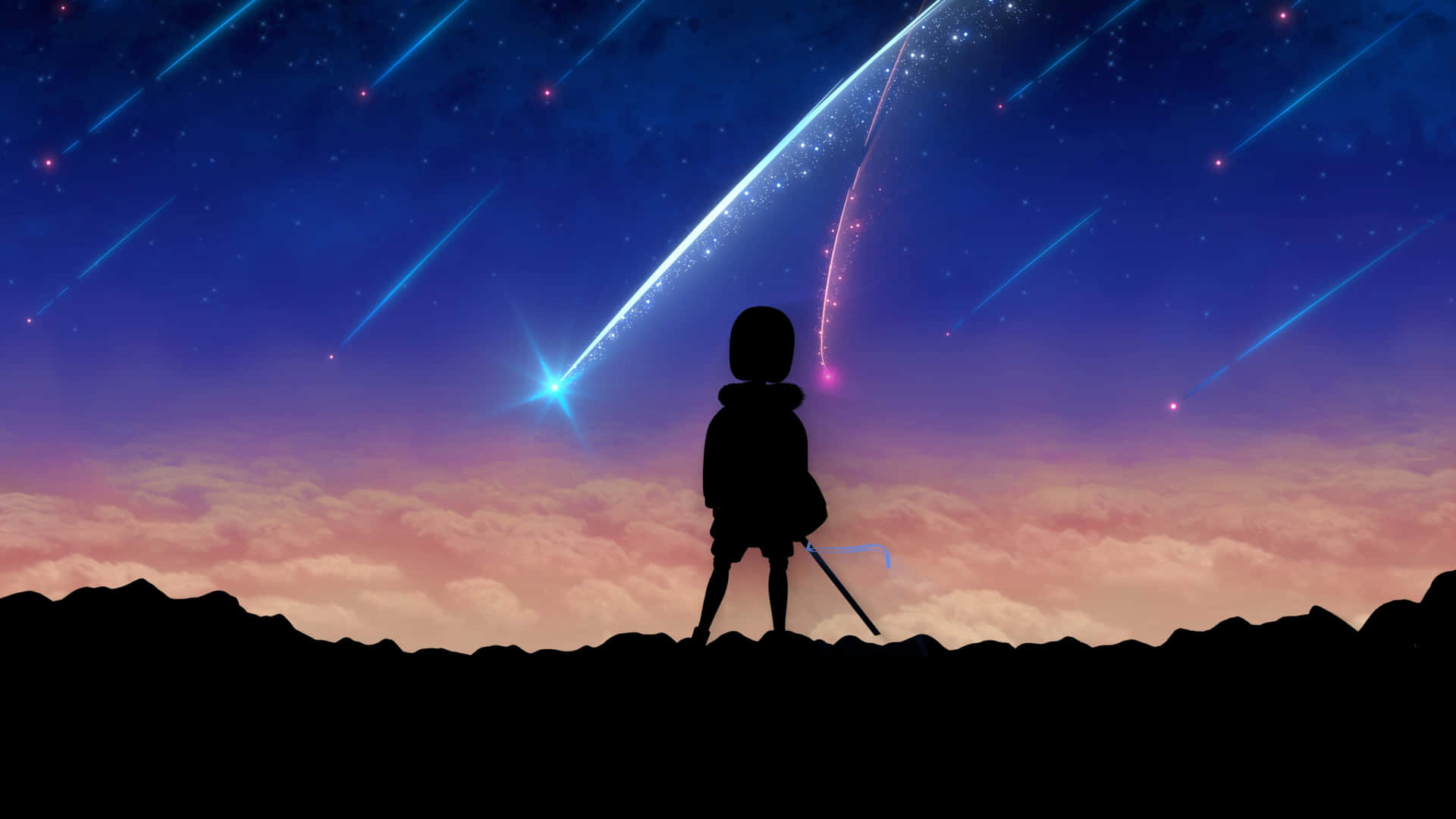 孩子剪影在山上看流星雨夜晚