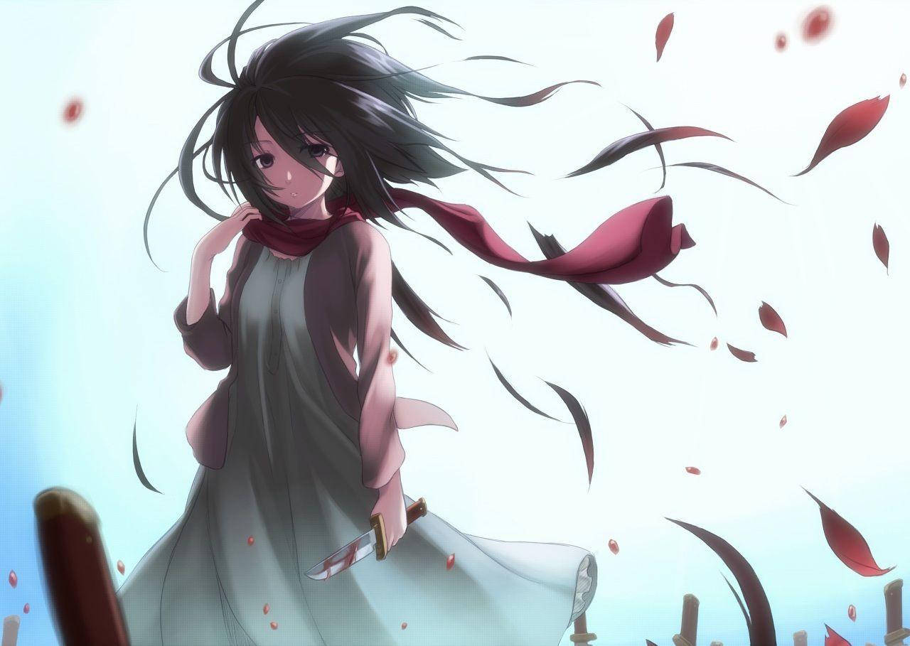 穿裙子的米卡莎·阿克曼 壁紙 — 一個黑髮動漫女孩穿著灰色連衣裙，手持一把沾血的刀，紅色花瓣在她周圍旋轉，背景是淡藍色的天空。
