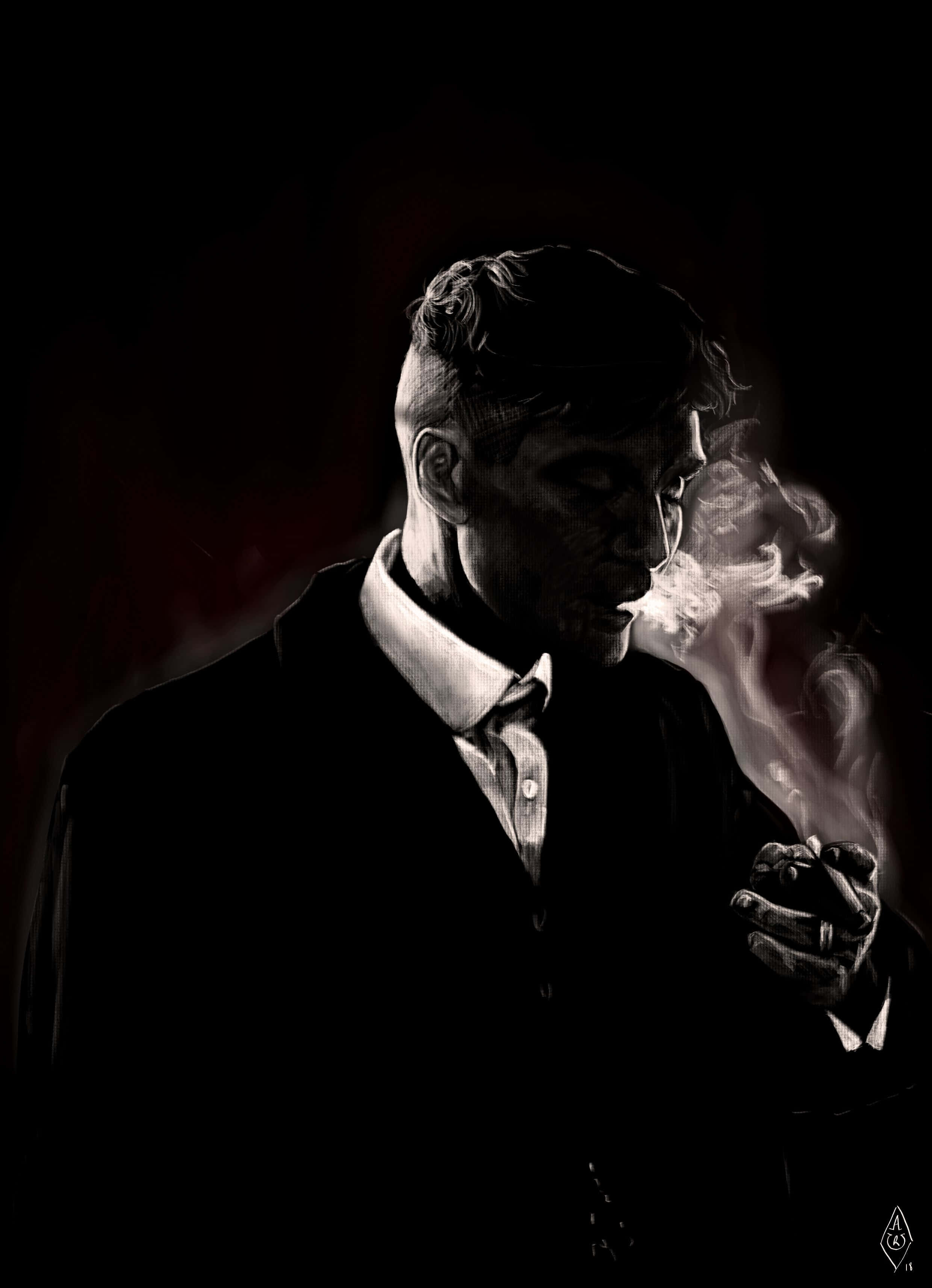 穿西裝吸煙男子圖 壁紙 — 一個陰鬱的數碼肖像，描繪一位身穿西裝的男子在帶有紅色點綴的深色背景中吸煙。