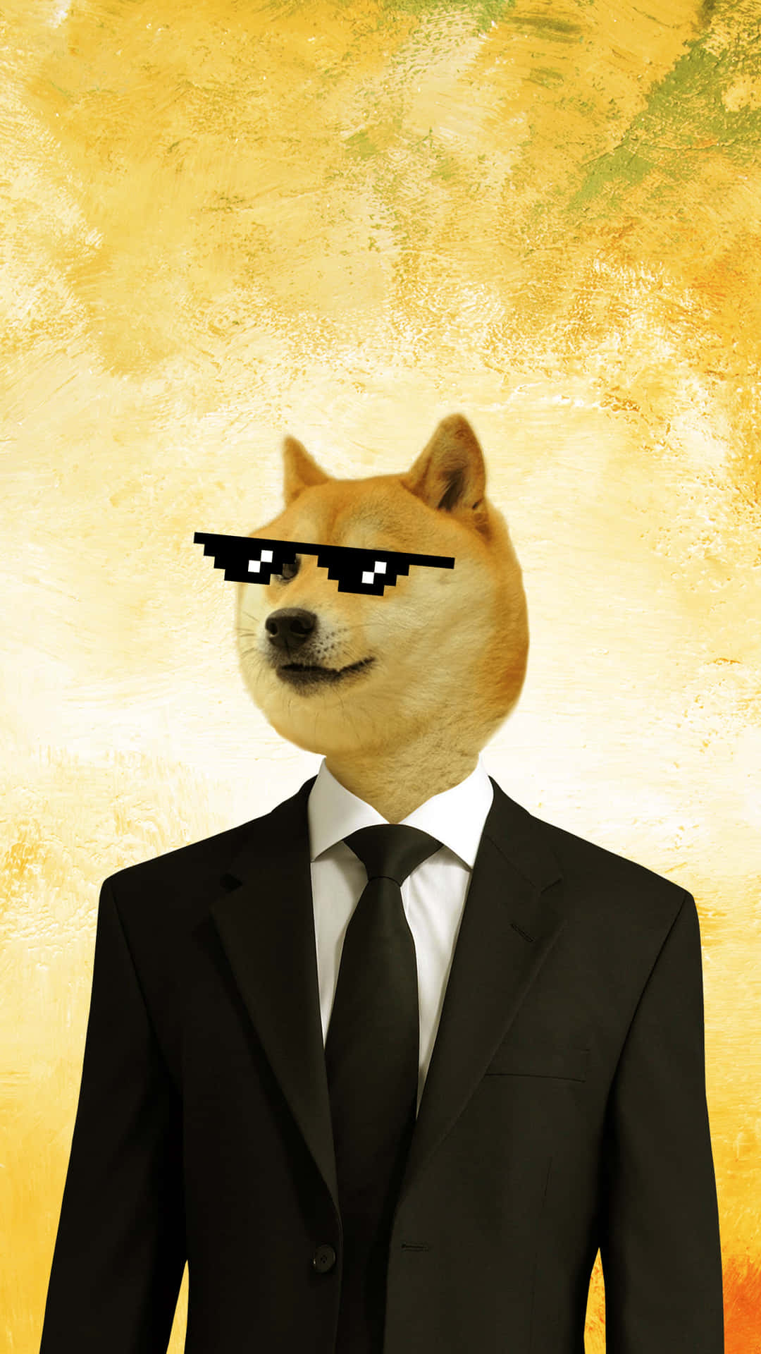 柴犬穿著西裝和像素太陽眼鏡，金色紋理背景。